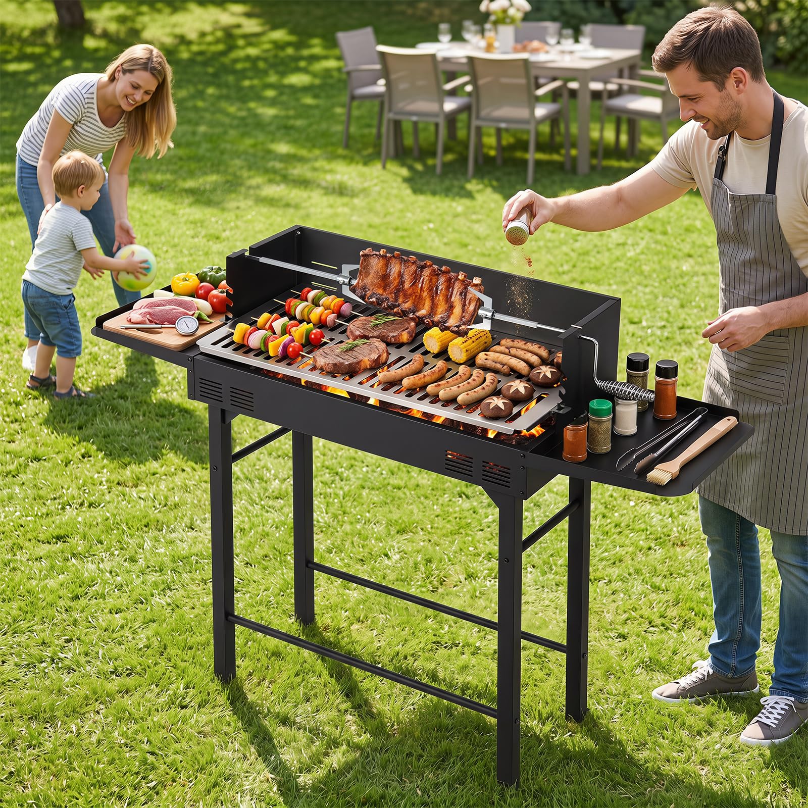 COSTWAY Barbacoa de Carbón, Rejilla de Altura Regulable, 120 x 32,5 x 90 cm | 2 Mesas Laterales, Espeto Giratorio, Protector Antiviento, Parrilla Barbacoa Rectangular para Camping, Picinic BBQ