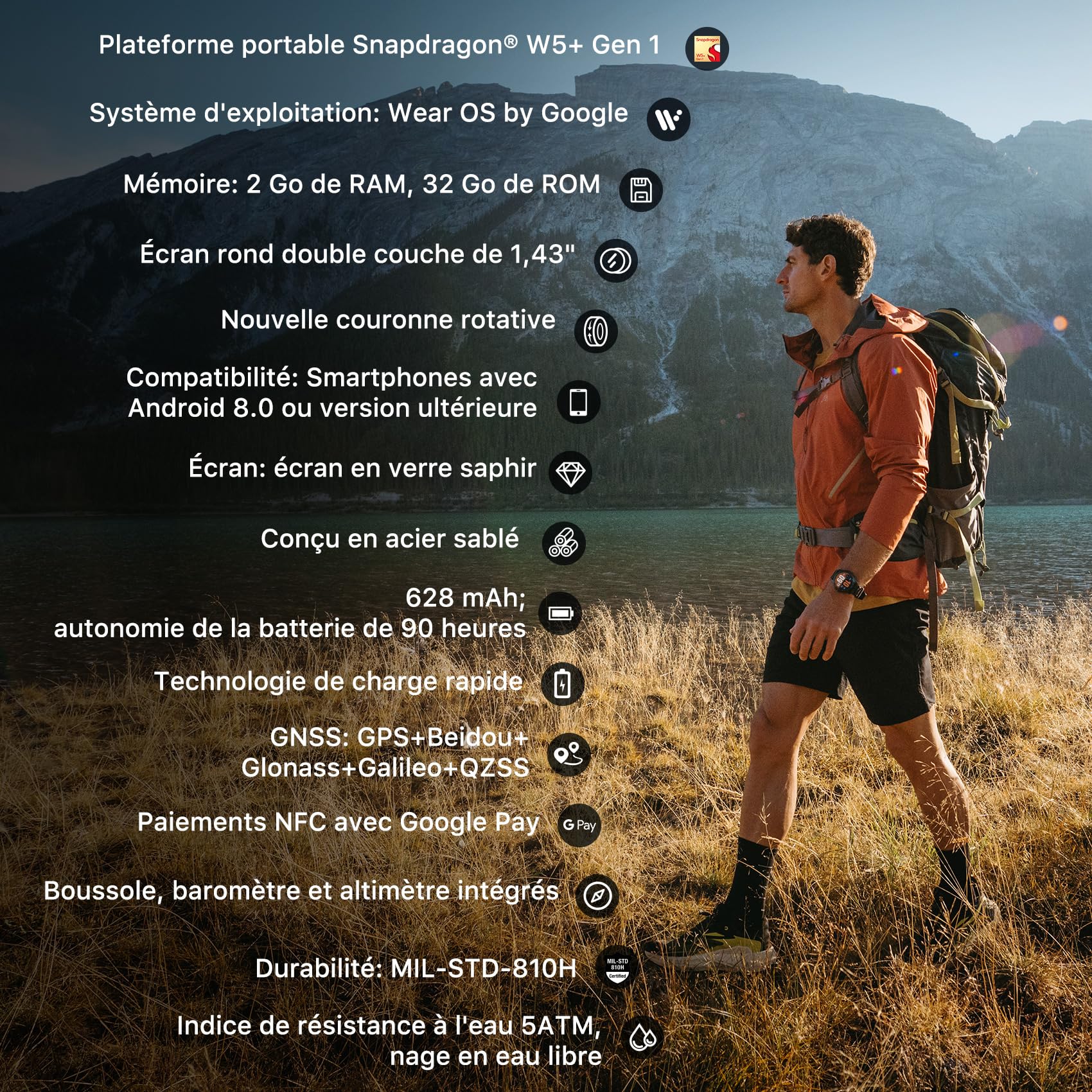 TicWatch Atlas Montre connectée pour Homme avec système d'exploitation Android Wear Batterie de 90 h Plus de 110 Modes d'entraînement Carte Thermique Détection de Chute Suivi de la santé