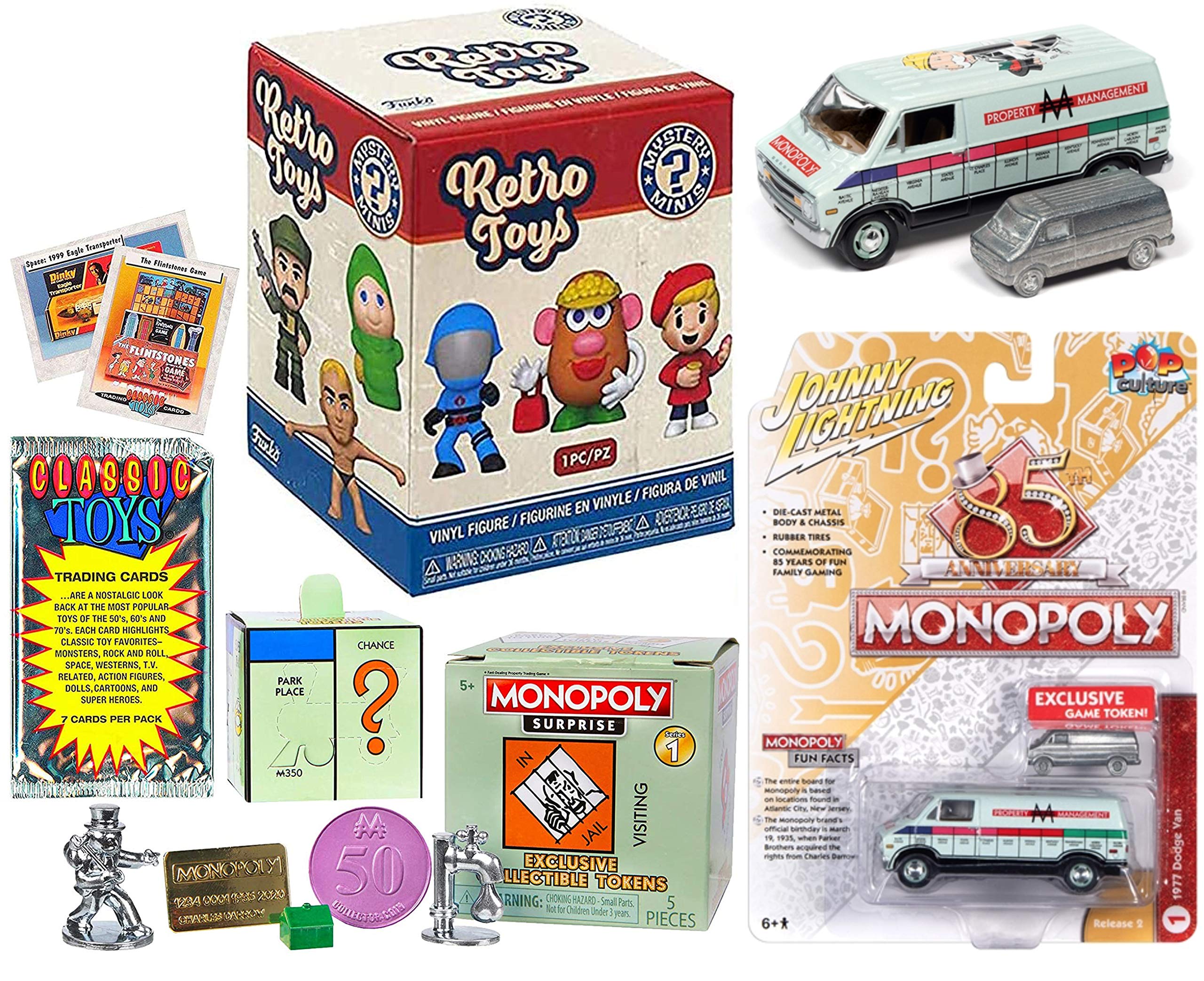 Throw Toy Back Retro Mystery Minis Bundled with + Vintage Toy Trading Cards Pack + J Lightning Van Pop Culture Game Board Van + Monopoly Token Multi-Surprise Peel 'N Reveal Box 4 Items v
