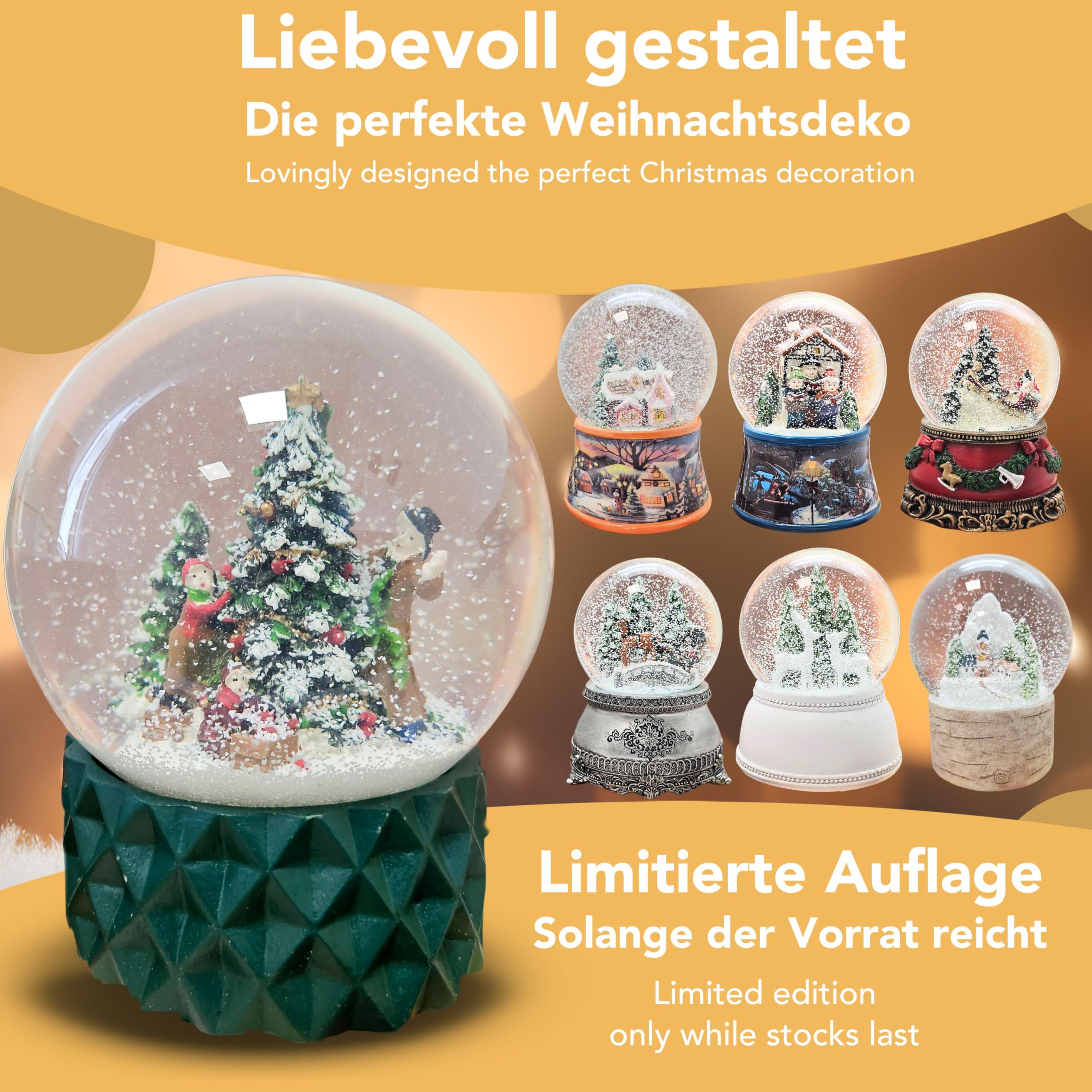 Schneekugel Weihnachten | Christbaum schmücken | B: 10 cm | 20174 | Weihnachtsdekoration | Schüttelkugel | Familie schmückt Weihnachtsbaum | Geschenke