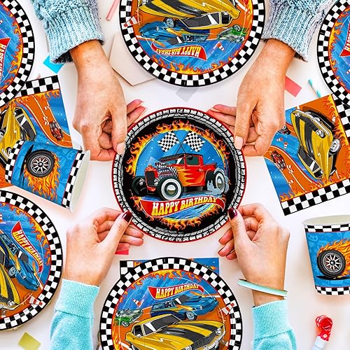Vista 6 de 168 piezas de decoración de fiesta de cumpleaños de coche de carreras Platos de coche de carreras Servilletas Vasos desechables de papel Horquillas