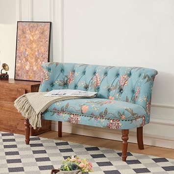 47.25" Victorian Settee Loveseat, Small Armless Modern Chesterfield Sofa with Solid Wood Legs, Upholstered Love Seat for Dining Banquette Seating, Living Room, Bedroom, Restaurant Booth Floral Blue