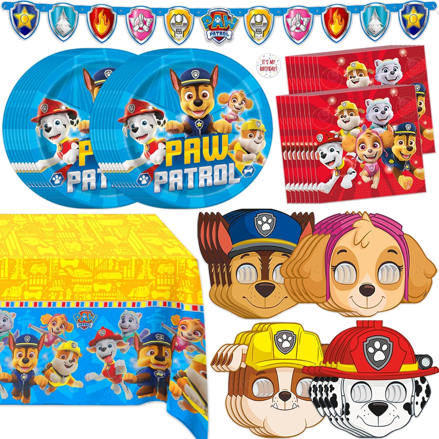 Paw Patrol Birthday Decorations | Serves 16 | Banner, Tablecloth, Plates and Napkins, Character Masks, Sticker | Paw Patrol Party Decorations for Boys and Girls