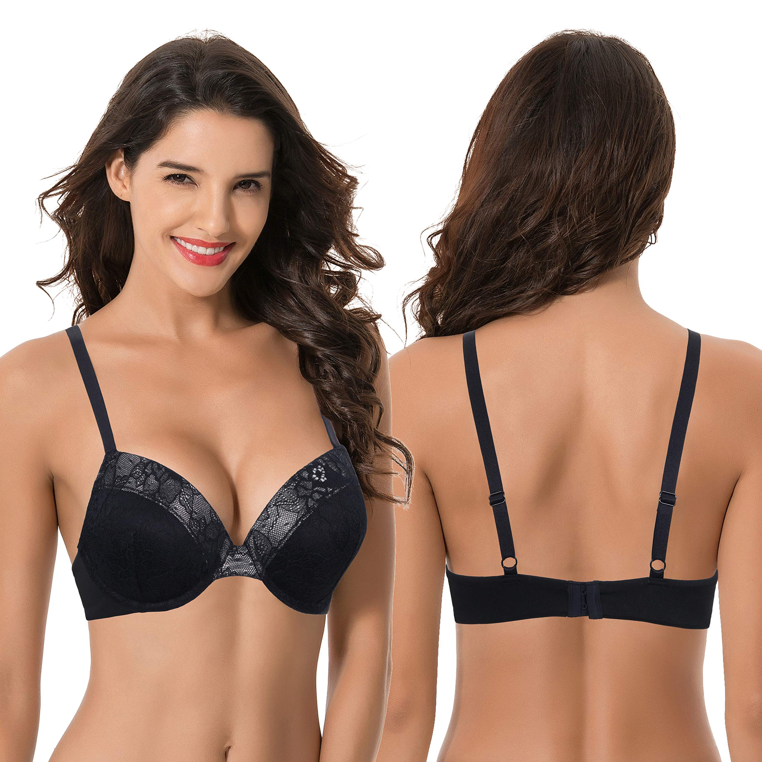 Curve Muse Reggiseni in pizzo push-up con ferretto da donna Plus Size Aggiungi 1 e mezza coppa, Nero, rosso (confezione da 2), 5D