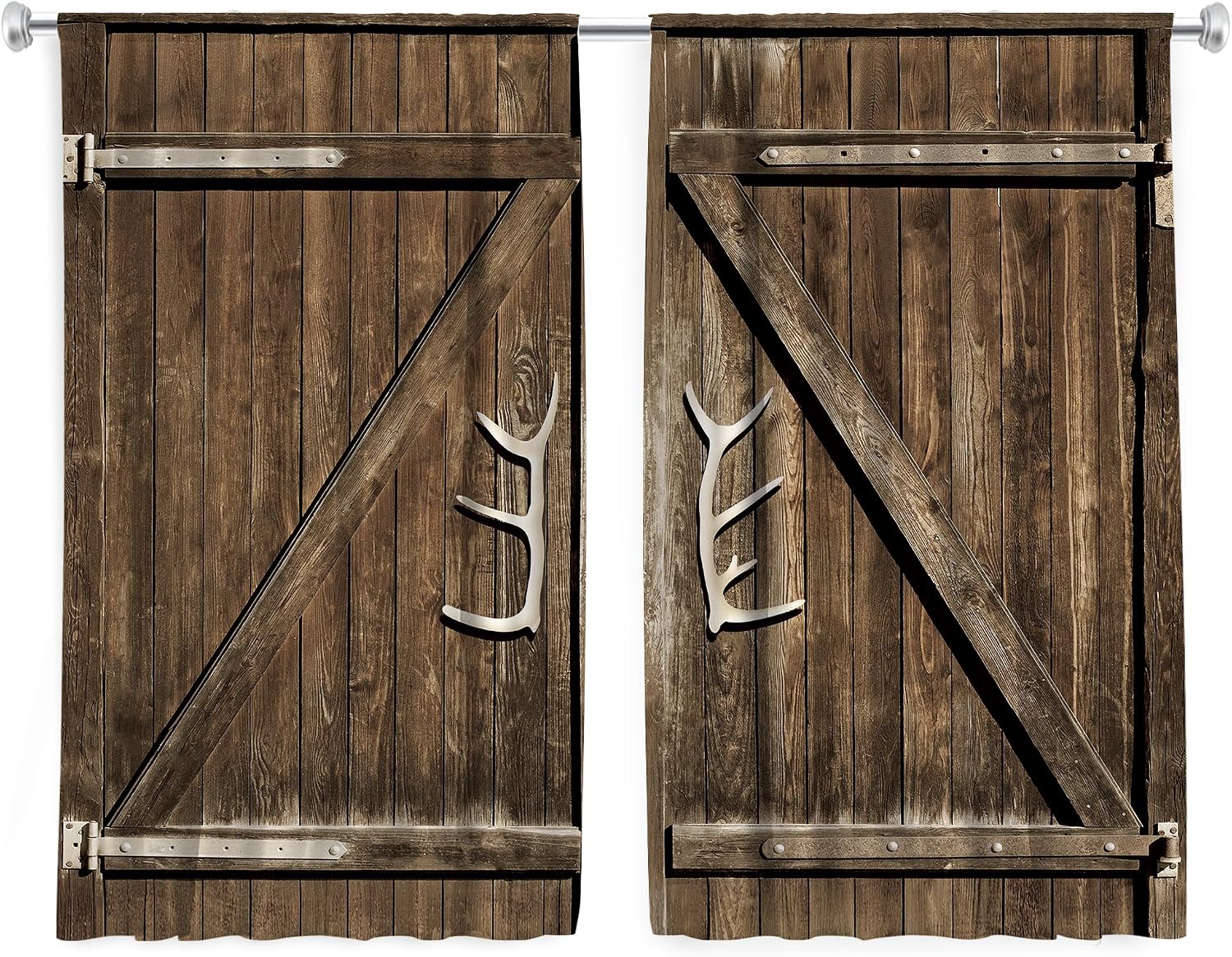 Cinbloo Farmhouse Kitchen Curtains Rod Pocket 27.5W x 39L Inch Brown Barn Door Wooden Rustic Garage Gate Vintage Country Antler Handles Modern Art Short Design Print Window Drapes 2 Panels Set
