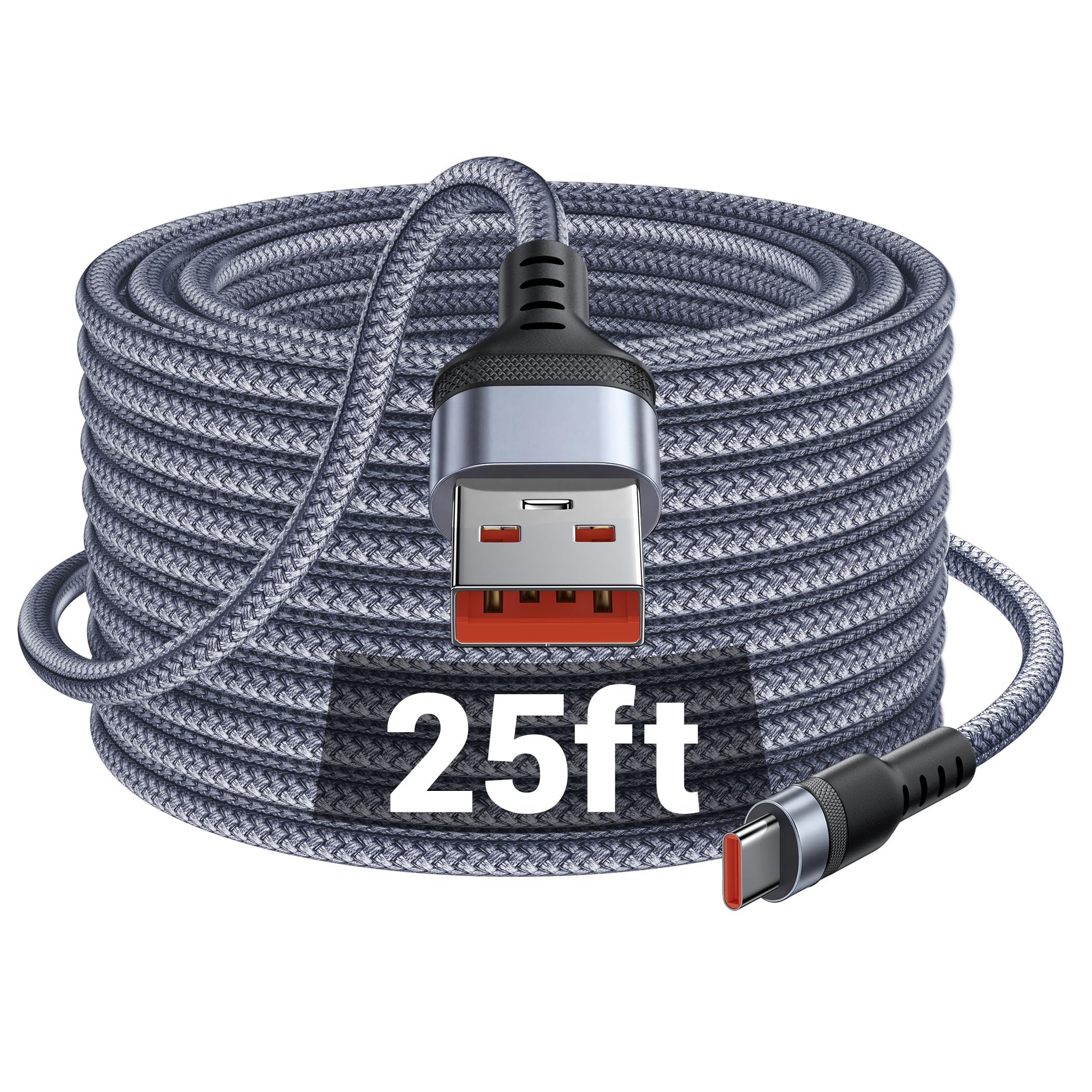 Cavo USB C da 7,6 m, cavo di ricarica extra lungo da USB a USB C, cavo di ricarica 5A tipo C, in nylon intrecciato, per iPhone 17, 16, 15, serie Samsung Galaxy, Moto, LG, Pixel e altri dispositivi USB