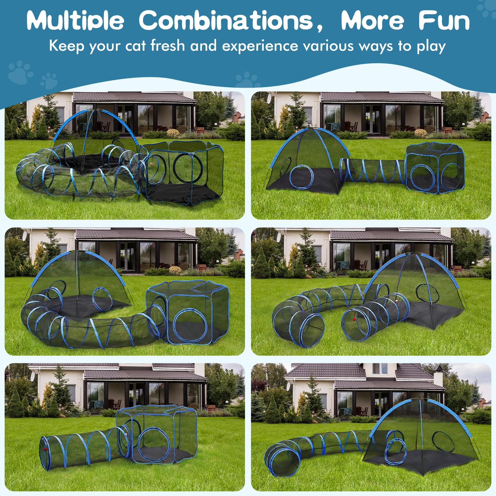Outdoor-Katzengehege, 4-in-1-Katzenzelt Outdoor Pet Playpen mit Tunnel, tragbare Catio Play Pen für draußen und drinnen Katzengehege mit Aufbewahrungstasche für Kitty und kleine Tiere