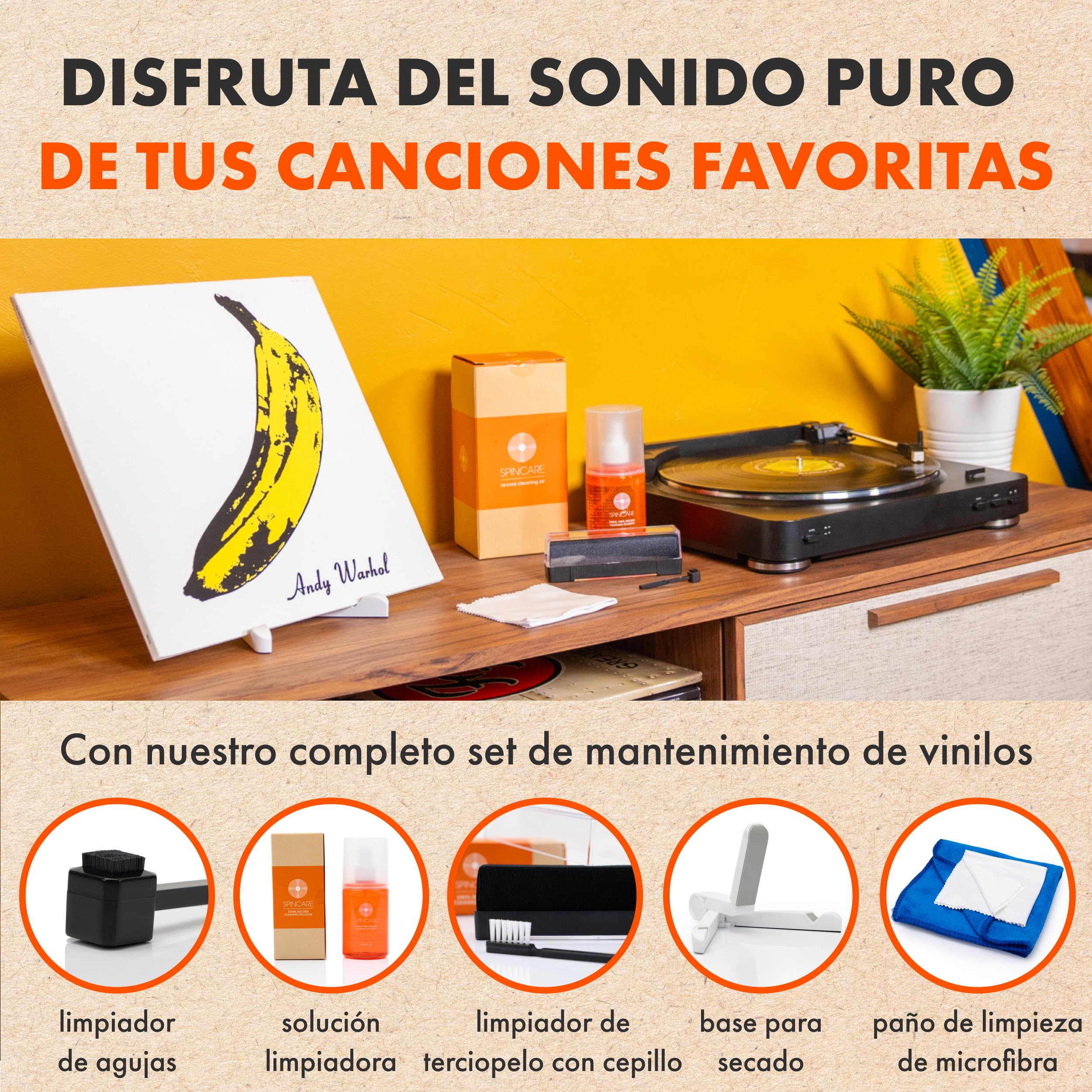 5 En 1 Kit De Limpieza Vinilos SPINCARE | 200ml Limpiador Vinilos De Discos | Antiestatico Cepillo | Limpia Agujas Tocadiscos | Paño De Microfibra | Soporte De Secado Y Exhibición