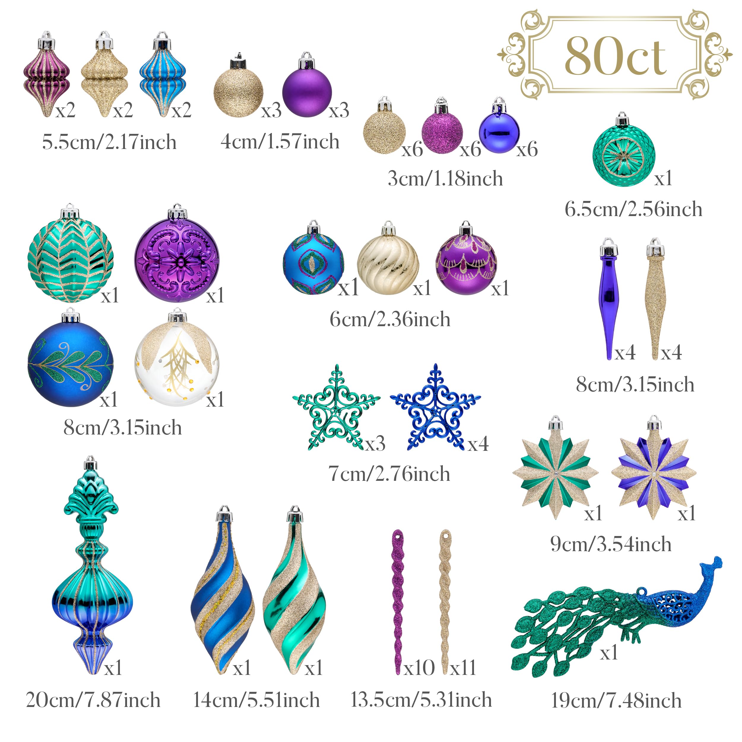 Valery Madelyn Lot de 80 Boules de Noël incassables à Suspendre pour Sapin de Noël, Bleu Paon, Violet, Vert