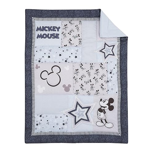 Miniatura 2 de Disney Mickey Mouse Timeless Mickey Gray, White & Blue Stars & Icons - Juego de ropa de cama de 3 piezas para cuna pequeña – edredón y dos sábanas