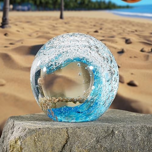 Miniatura 3 de Figura de vidrio soplado a mano con ondas oceánicas, bola de vidrio pisapapeles, decoración del hogar, decoración de acuario y oficina para amantes