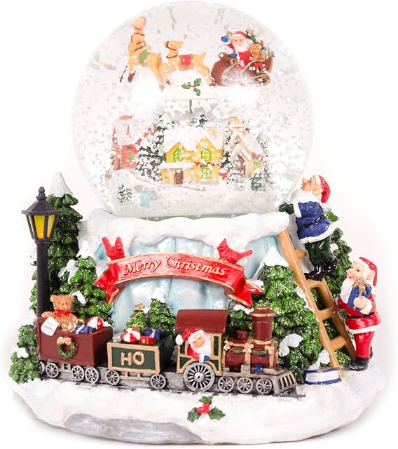 WeRChristmas 20 cm Village and Train Scene Musical Animated Snow Globe Christmas Decoration with Revolving Santa - Multi-Coloured
