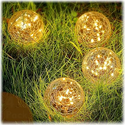 Honoson Garden Solar Lights Outdoor Globe Light Cracked Glass Ball Yard Decor Waterproof Warm White Led Solar Light Decorative Solar Ball Garden Decor for Backyard Lawn Ornament (4, 3.9 Inch)