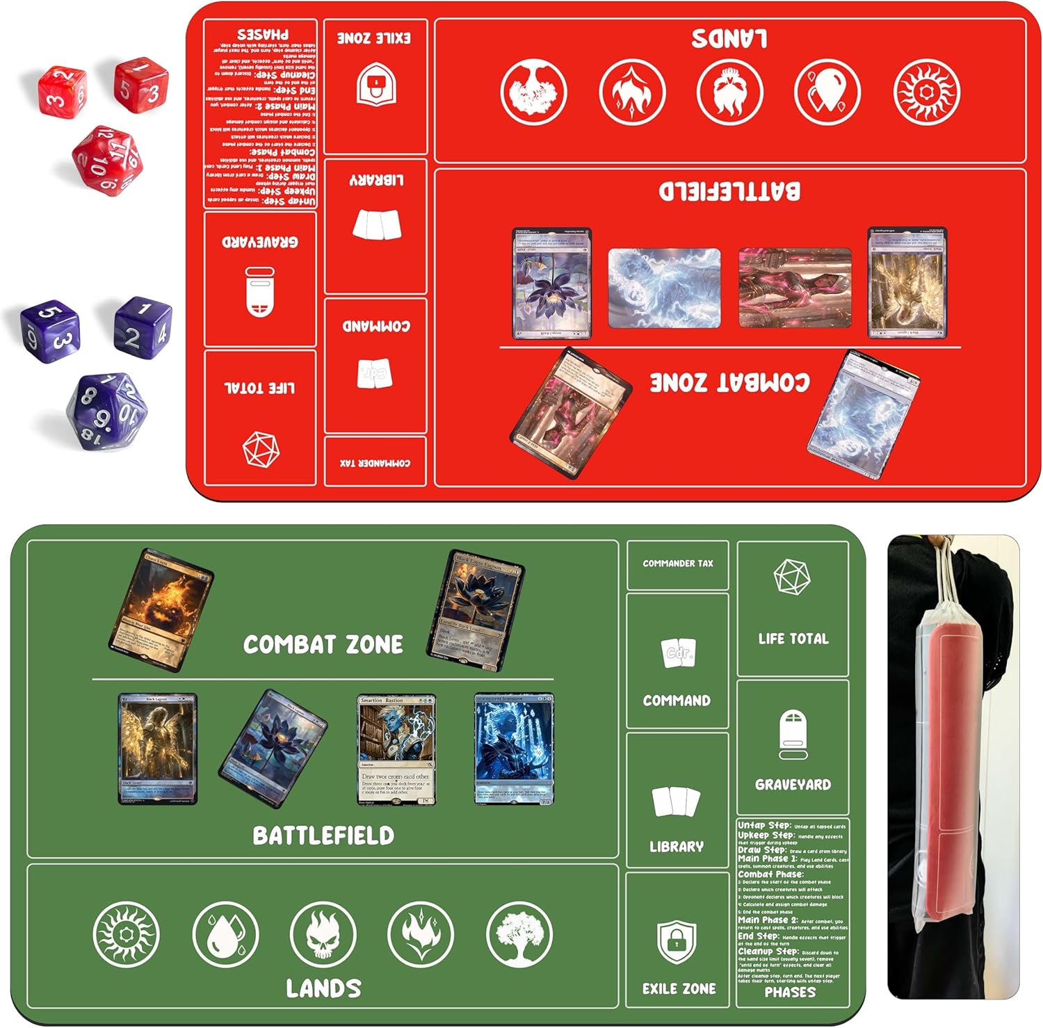 Card Game Playmats MTG Playmat for Beginner 2 Pack with Dices, Magic Mat Commander Deck Card Playmat for TCG MTG Accessories Play Mat 24x14 Inches Duel Card Battles, Red/Green