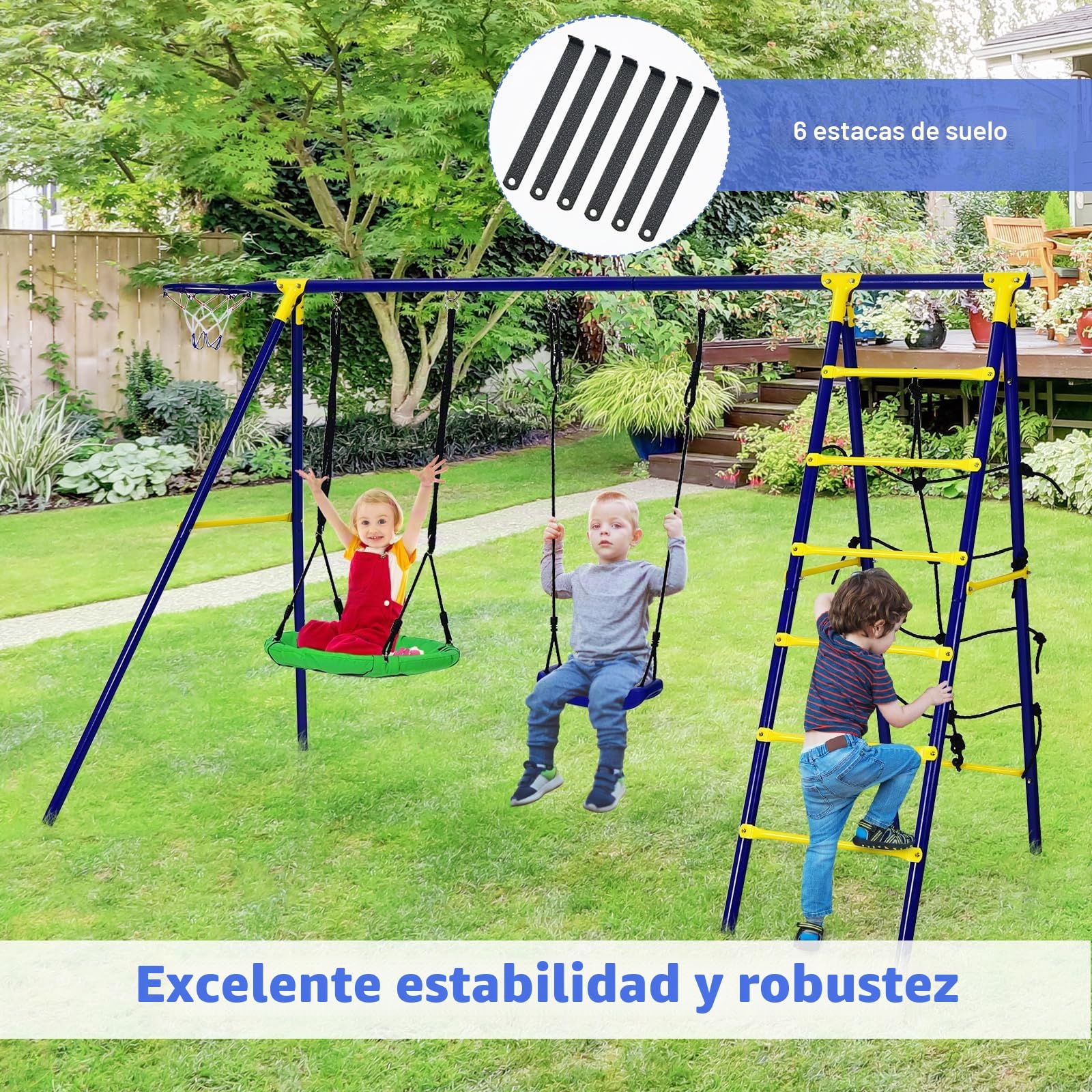 KOMFOTTEU Juego Columpio 5 en 1 para Niños, Estructura de Juego con 2 Columpios, Escalera, Red de Escalada y Aro de Baloncesto, Columpio Infantil Jardín con Estructura Metal, 294 x 138 x 176 cm