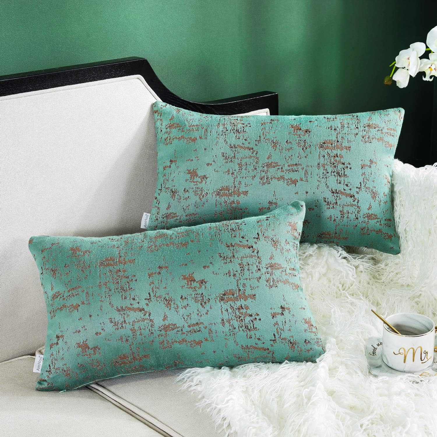 AmHoo Pack of 2 Abstract Textured Art Cotton Blend Throw Pillow Covers Double-Sided Jacquard Pillowcase Home Decorative Cushion Cover for Couch Sofa 12x20 Inch Teal