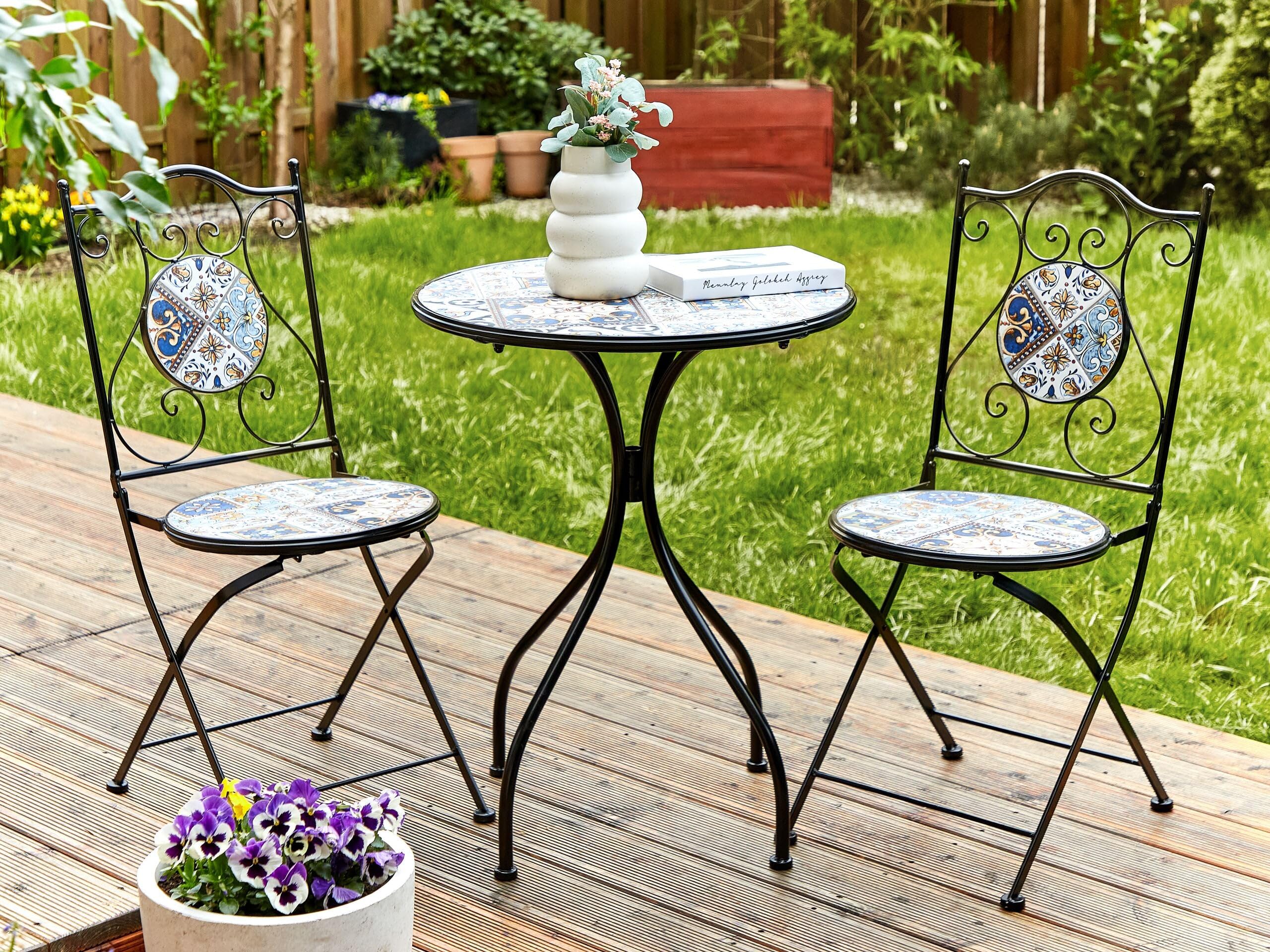 Beliani Mesa de balcón Exterior Metal Estilo Vintage Tablero de Mosaico Estructura Hierro Negro Civita