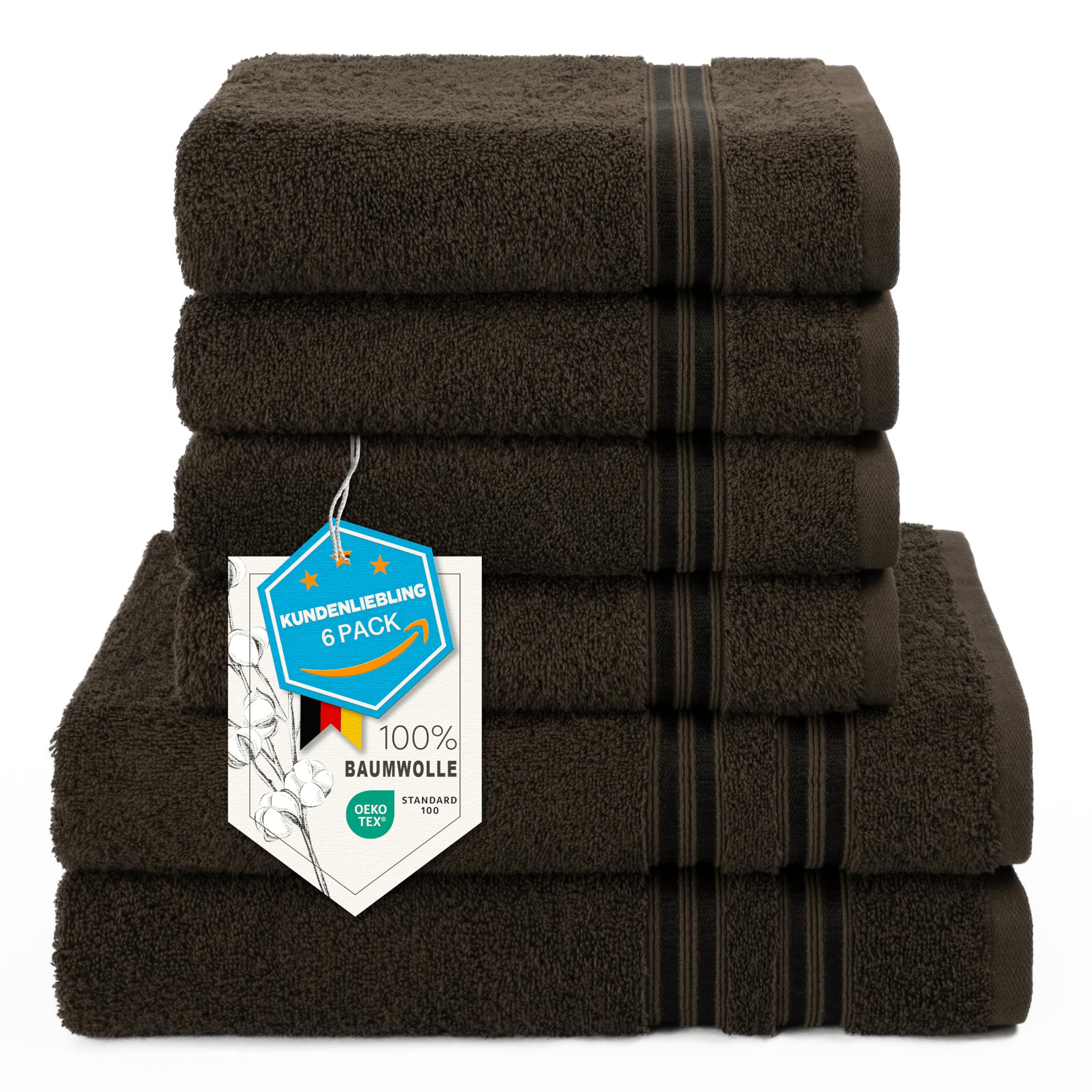 Hammetex 6er Handtücher Set – 2 Badetücher 70x140 cm & 4 Handtücher 50x100 cm – 100% Baumwolle Frottier – Oeko-TEX Zertifiziert – Weich, Saugstark - mit Aufhänge, Braun