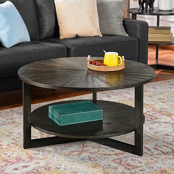 Round Coffee Table for Living Room Tables, 2-Tier Solid Wood Coffee Tables with Criss-Cross Wood Legs, Farmhouse Accent Table, 33.5" D x 17.9" H, Designed Home Furniture, Center Large Coffee Table, BK