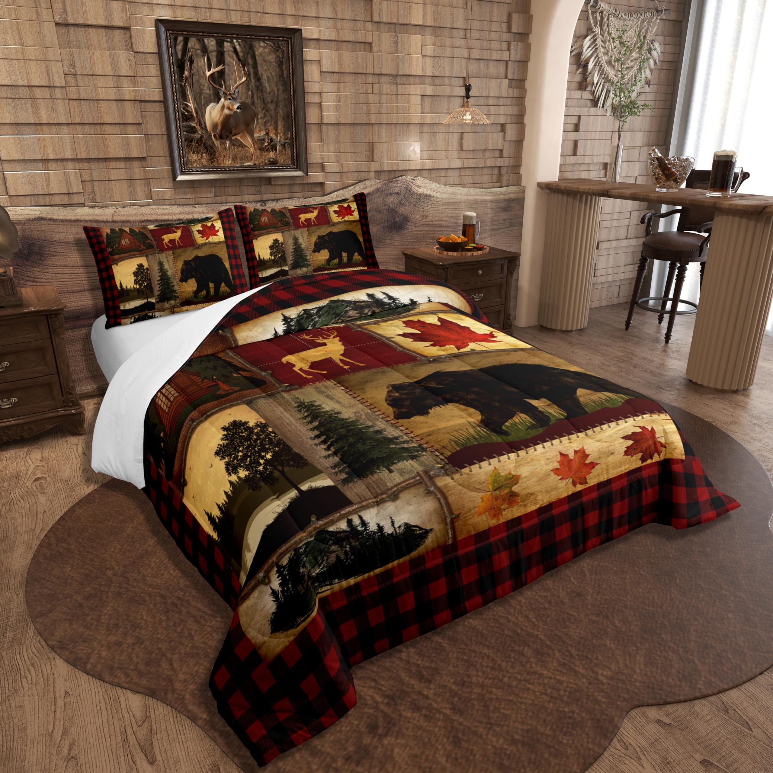 Bear Cabin Plaid Comforter Set Queen, Rustic Farmhouse Bedding Comforter Sets, Retro Hunting Deer Bedding, Country Woodland Pine Tree Duvet Set, Maple Leaf Lodge Decor Down Comforter, Red Black Brown
