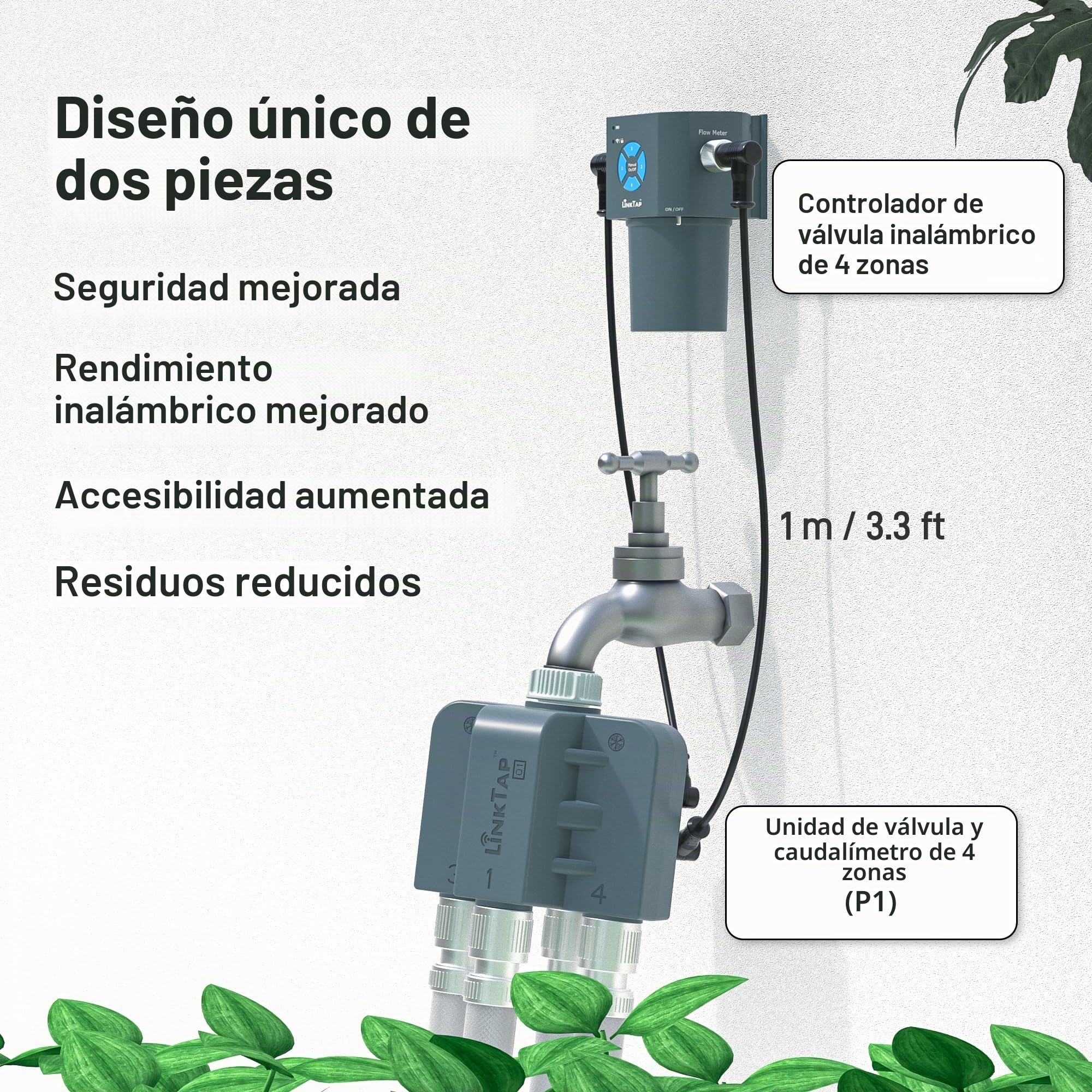 LinkTap Q1 Temporizador de Riego 4 Salidas (Requiere Gateway), Antihelada | Programador 4 Zonas Independientes para Jardín y Goteo, 4 Caudalímetros, Alimentación Flex, Red Mesh, Mayor Alcance WiFi