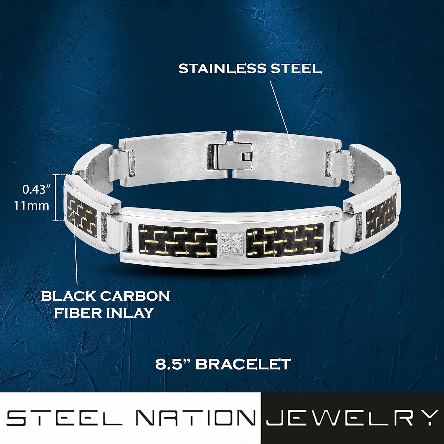 Men's Stainless Steel ID Link Bracelet with Black Carbon Fiber Inlay - Sophisticated Style, 8.5"
