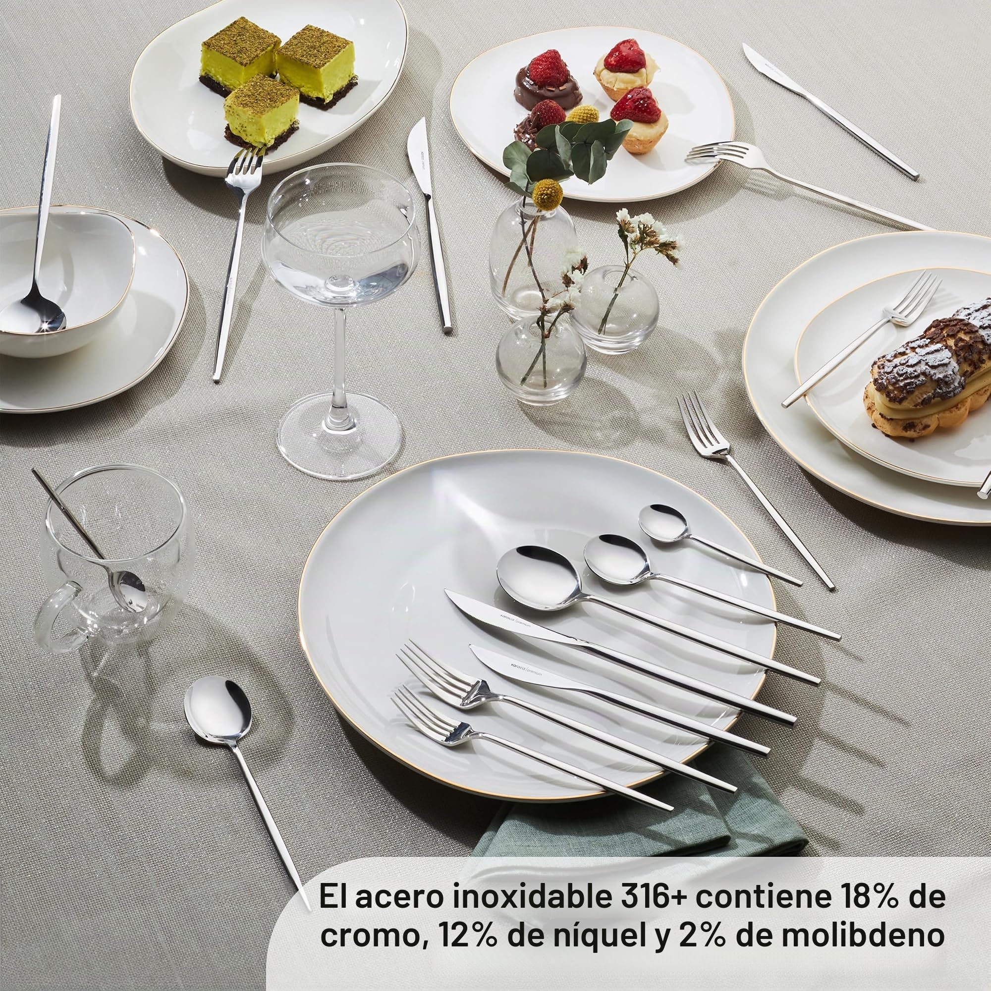 Karaca Mild - Juego de 84 cubiertos de alta calidad para 12 personas, 18/10, acero inoxidable, duradero, resistente a la corrosión, apto para lavavajillas, hoja de acero de alta calidad