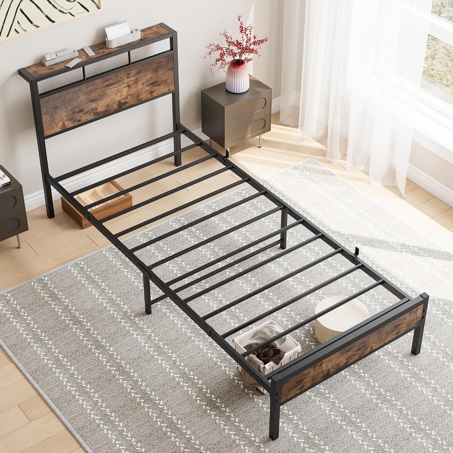 FOUBAM Metal Bed Frame with Wooden Headboard Shelves, Metal Bed Frame with Slatted Frame, Single Bed Frame, Guest Bed, Youth Bed for Bedroom, Guest Room, 90 x 200 cm, Black and... - Image 5