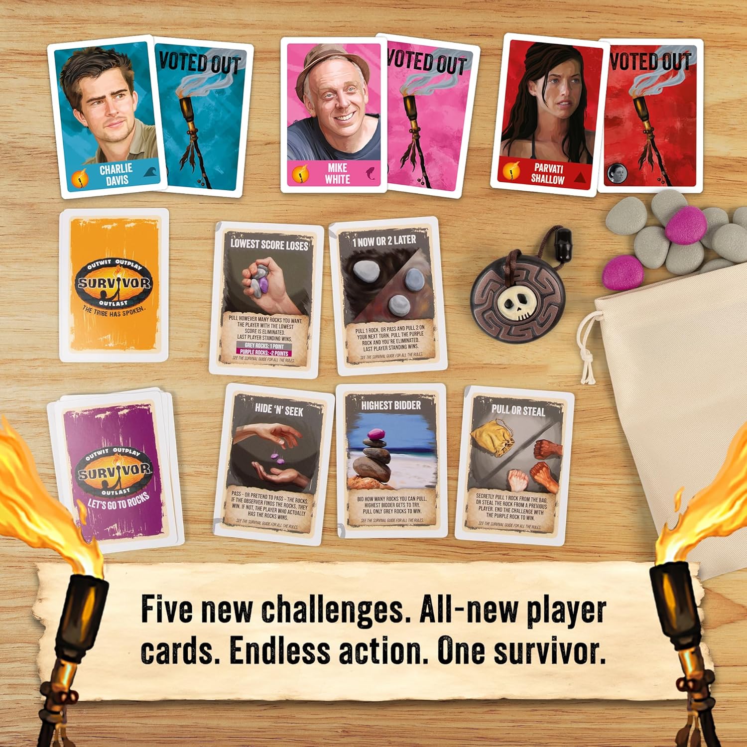 Exploding Kittens Survivor: Let’s Go to Rocks Game for Ages 8+, 2 to 6 Players, Strategy and Challenge Party Game with Rocks, Cards, and Immunity Necklace.
