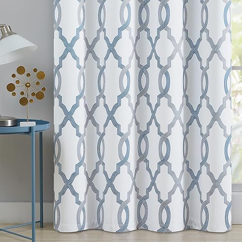 Miniatura 8 de Cortinas 100% opacas de 96 pulgadas de largo para dormitorio, cortina de ventana con patrón geométrico marroquí azul gris sobre blanco para sala de