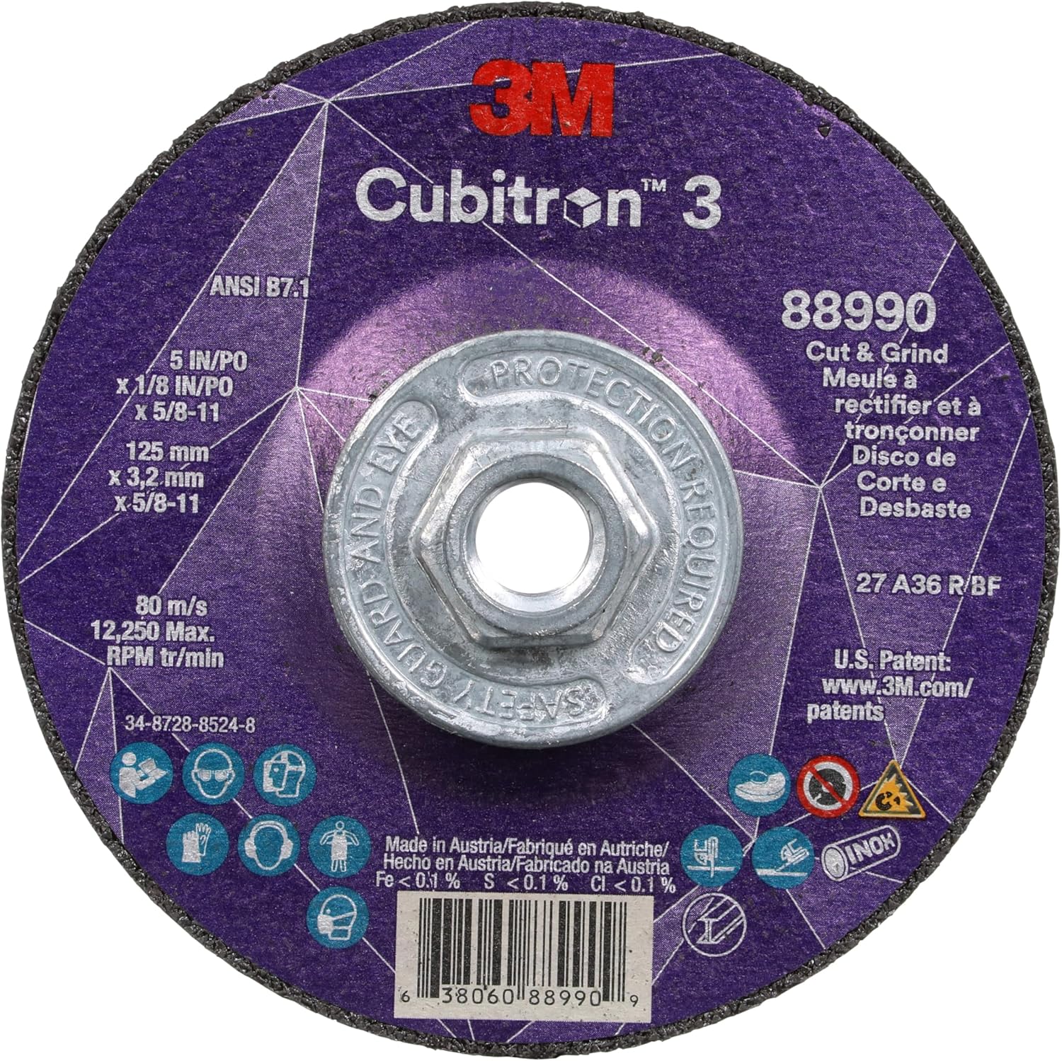 3M Cubitron 3 Cut and Grind Wheel, 88990, 36+, T27, 5 in x 1/8 in x 5/8 in-11, Pack of 10, ANSI, Longer Life, Faster Cut, Back-Gouging, Fillet Weld Removal, Cutting, Grinding