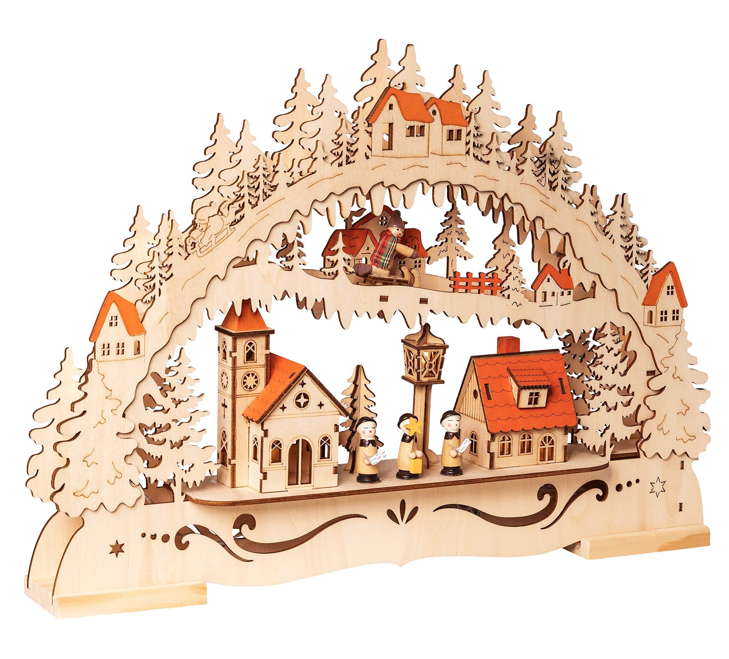 Wichtelstube-Kollektion Holzkunst LED Schwibbogen Kurrenden Schwippbogen Lichterbogen, Weihnachtsdeko Fensterbank Echtholz, Batteriebetrieben mit Timer, 44cm Breite