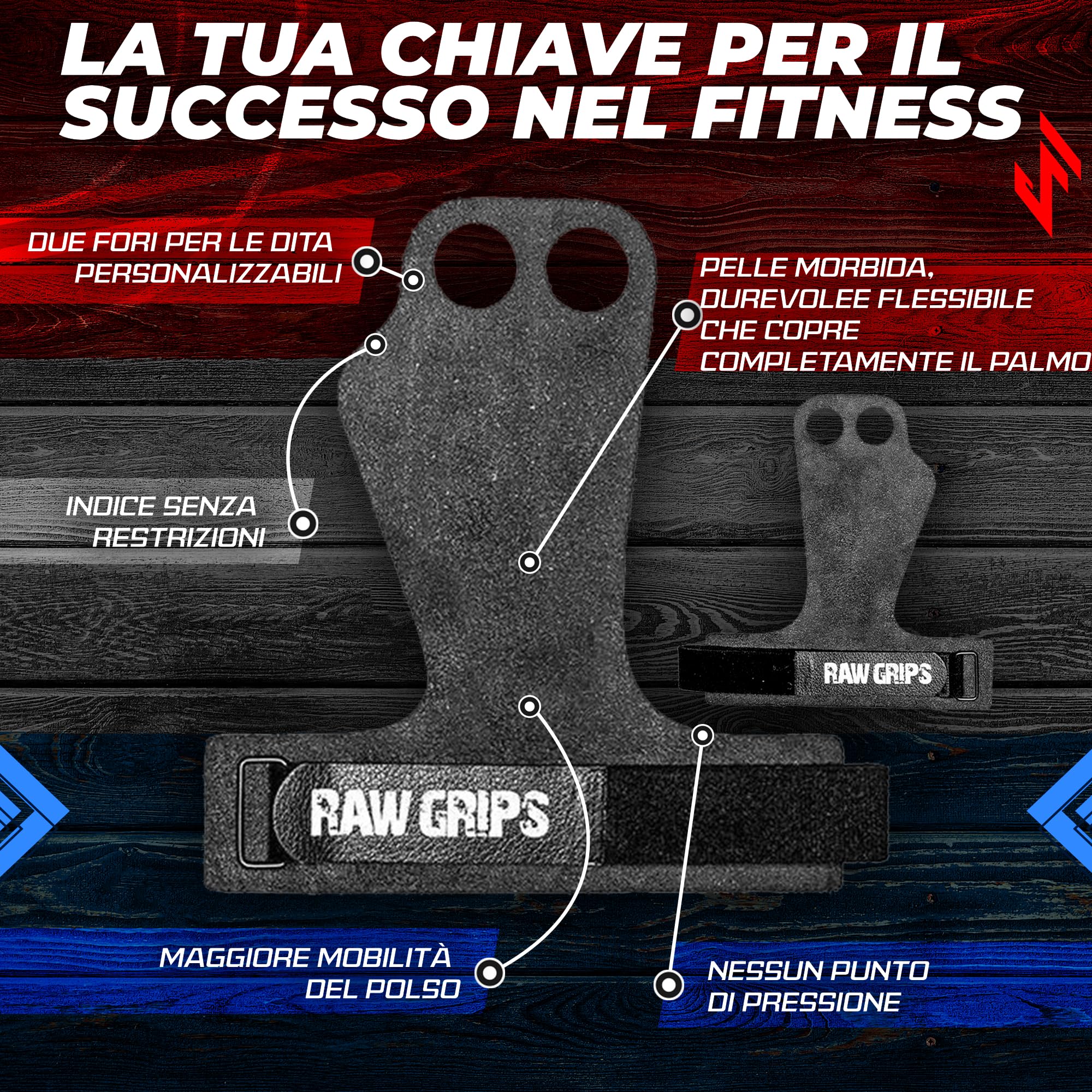 JerkFit Raw Grips 2 Dita in Pelle Ginnastica Protezione Palma