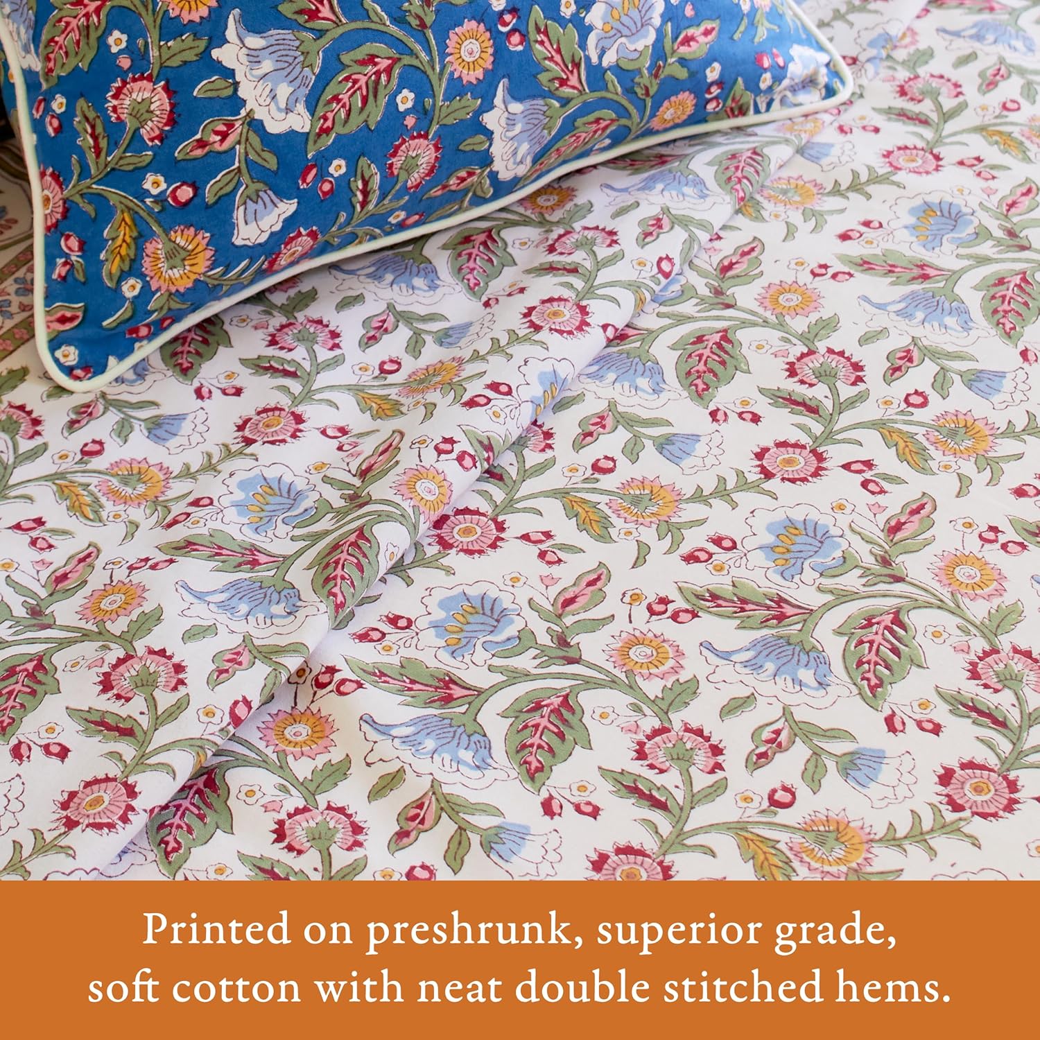 Saffron Marigold Queen Summer Bedspread - Lightweight 100% Ivory Cotton, Hand Block Printed Floral Bedding Comforter for Your Bedroom Decor Enchanted - Ivory 90x90 inches