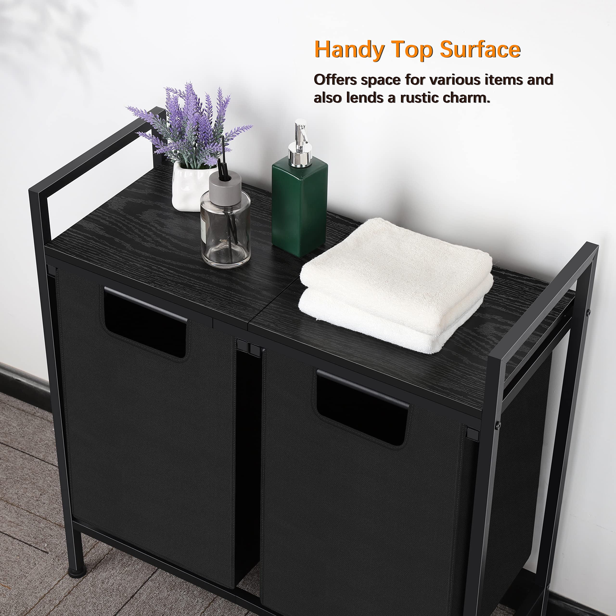 Laundry Hamper 2 Section with Shelf Double Laundry Basket Organizer with 2 Removable Sorter Bags 90L Clothes Hamper Sorter for Bathroom Laundry Room Bedroom Large Capacity Metal Frame, Black