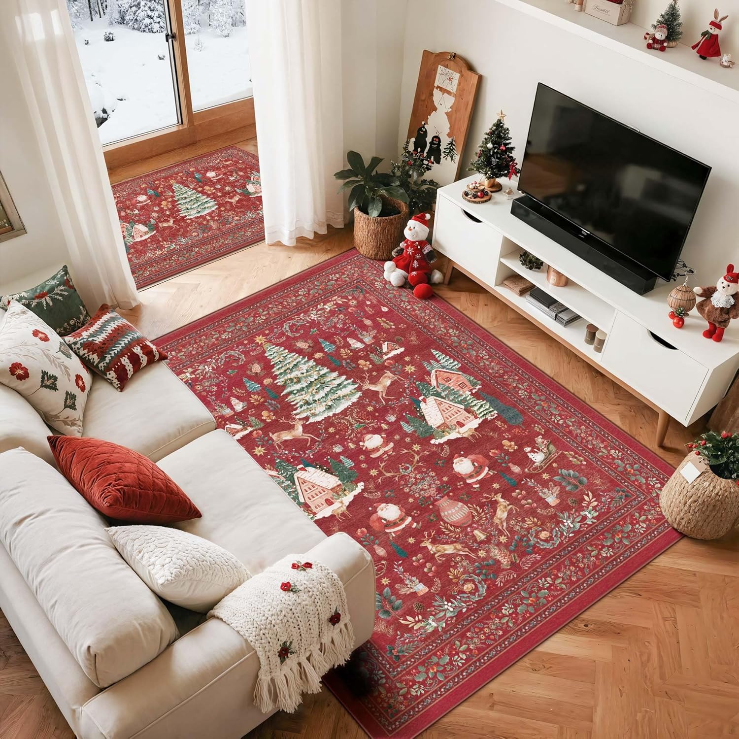 Kokia 2x3 Christmas Decorative Area Rugs, Red Vintage Xmas Entryway Area Rugs