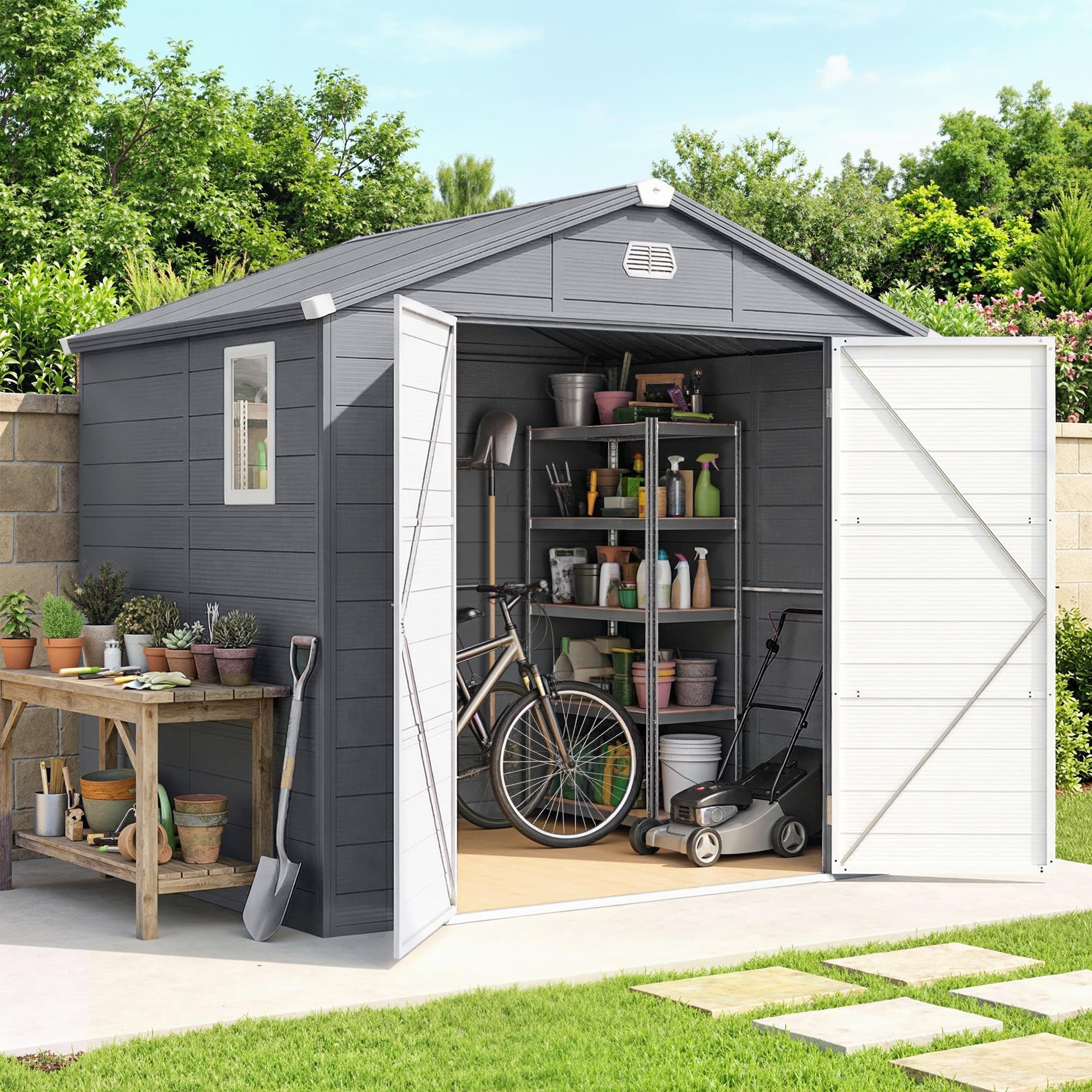 Outsunny Gerätehaus 4,1 m³, Gartenhaus mit Pultdach, 240 x 190 x 180/228 cm, Schütschuppen mit Abschließbar Tür, Fenster, Fahrradgark aus Aluminium, für Hinterhof, Garten, Grau