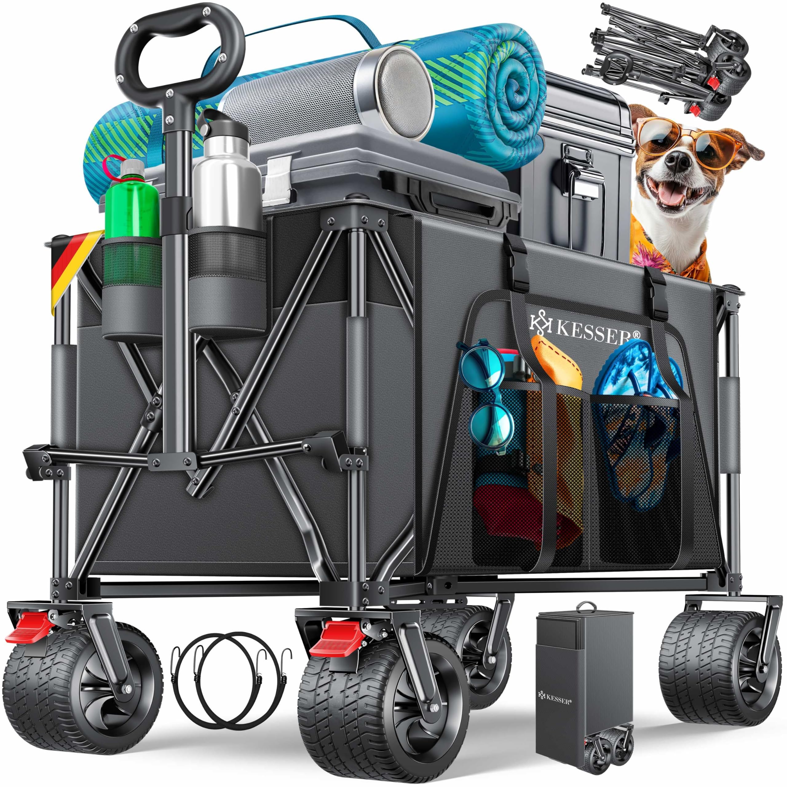 KESSER® Bollerwagen GTR9000 Handwagen 200Kg | 300L Stauraum Transportwagen faltbar extra breite 360° Räder & Feststell-Bremsen Wetterbeständig Strandwagen inkl Abdeckung Seitentasche & Getränkehalter