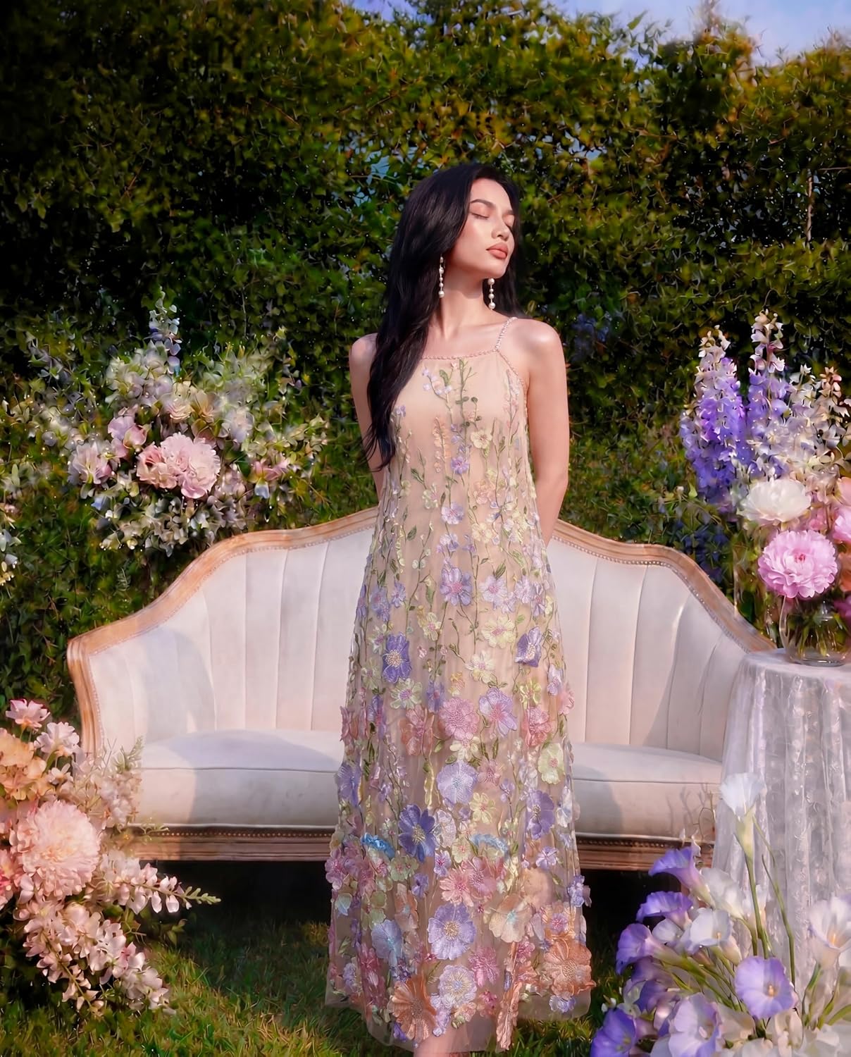Luxury 3D Floral Embroidery Maxi Dress, Elegant Tulle Gown with Flower Appliques for Wedding Guest & Prom