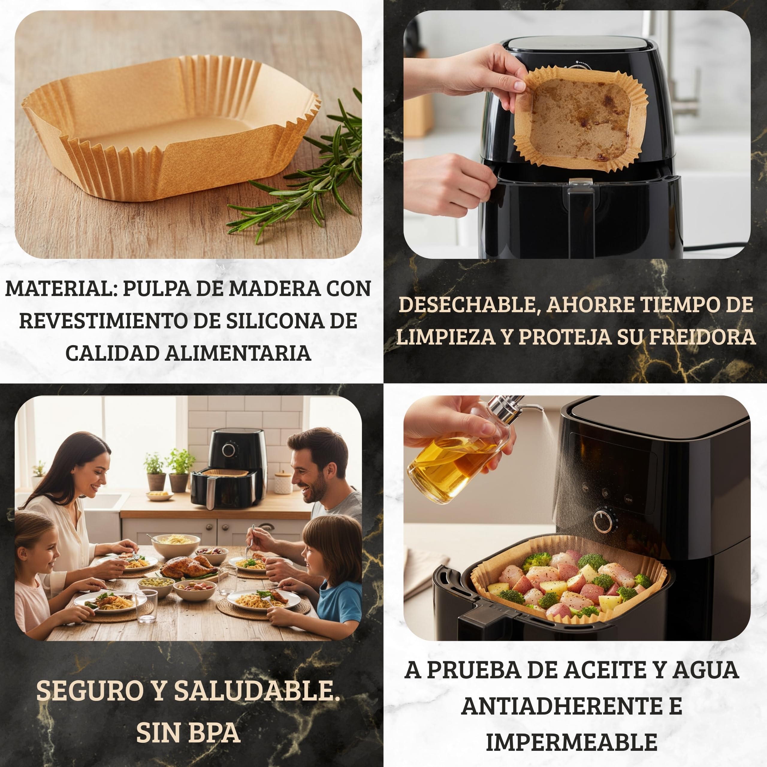 PAPEL AIR FRYER CUADRADO 200 Uds 20–24 Cm - Sin BPA Air Fryer Papel Air fryer Antiadherente - Modelo PREMIUM Profesional - Eco Desechable - Compatible con Cosori y Cecotec - 5-8 Litros. — view 4