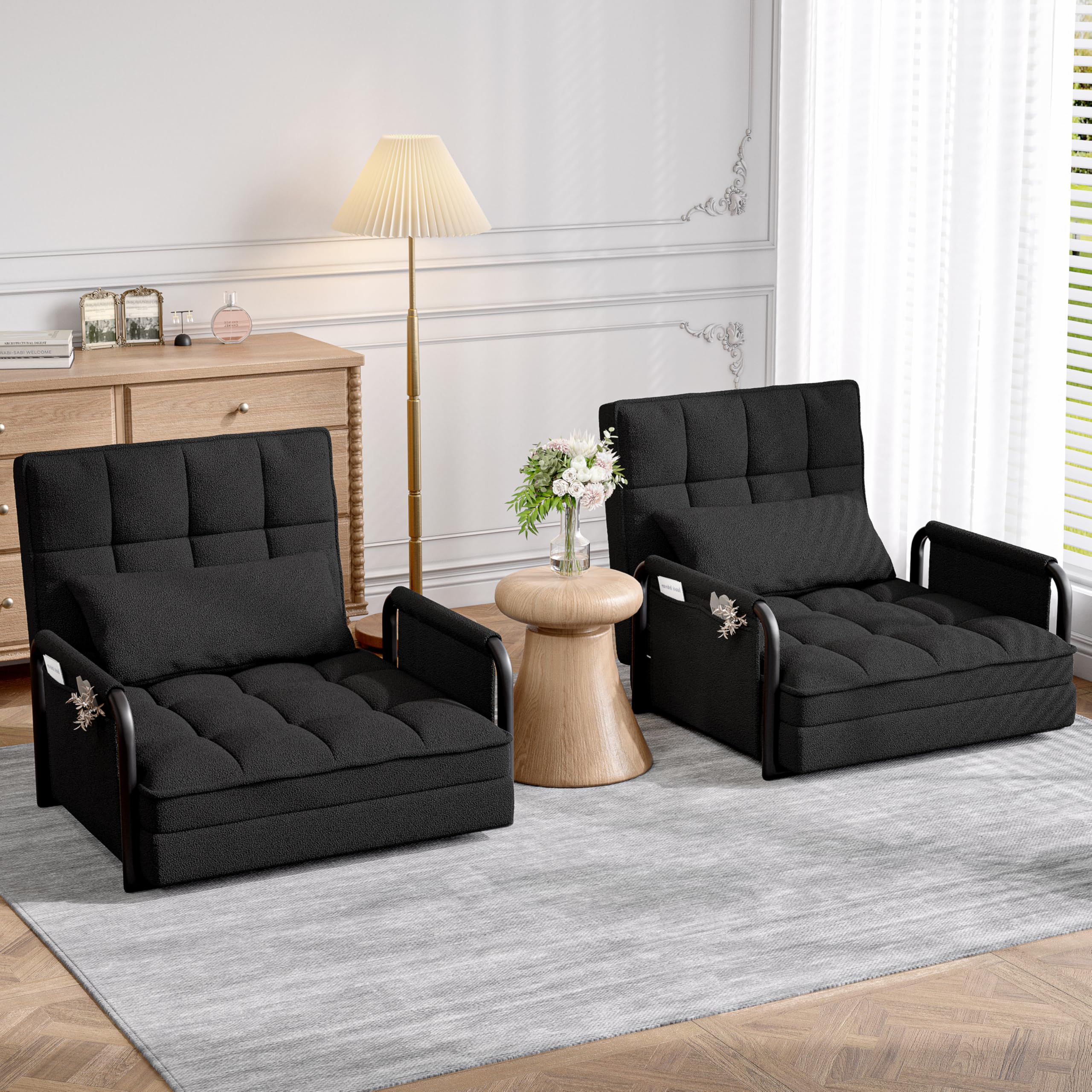 Sofá perezoso Tatami con 2 bolsillos laterales, sillón de suelo ajustable, silla de piso reclinable, ajustable 5 posiciones, asiento de suelo para casa y oficina, sentarse y acostarse (negro, A)