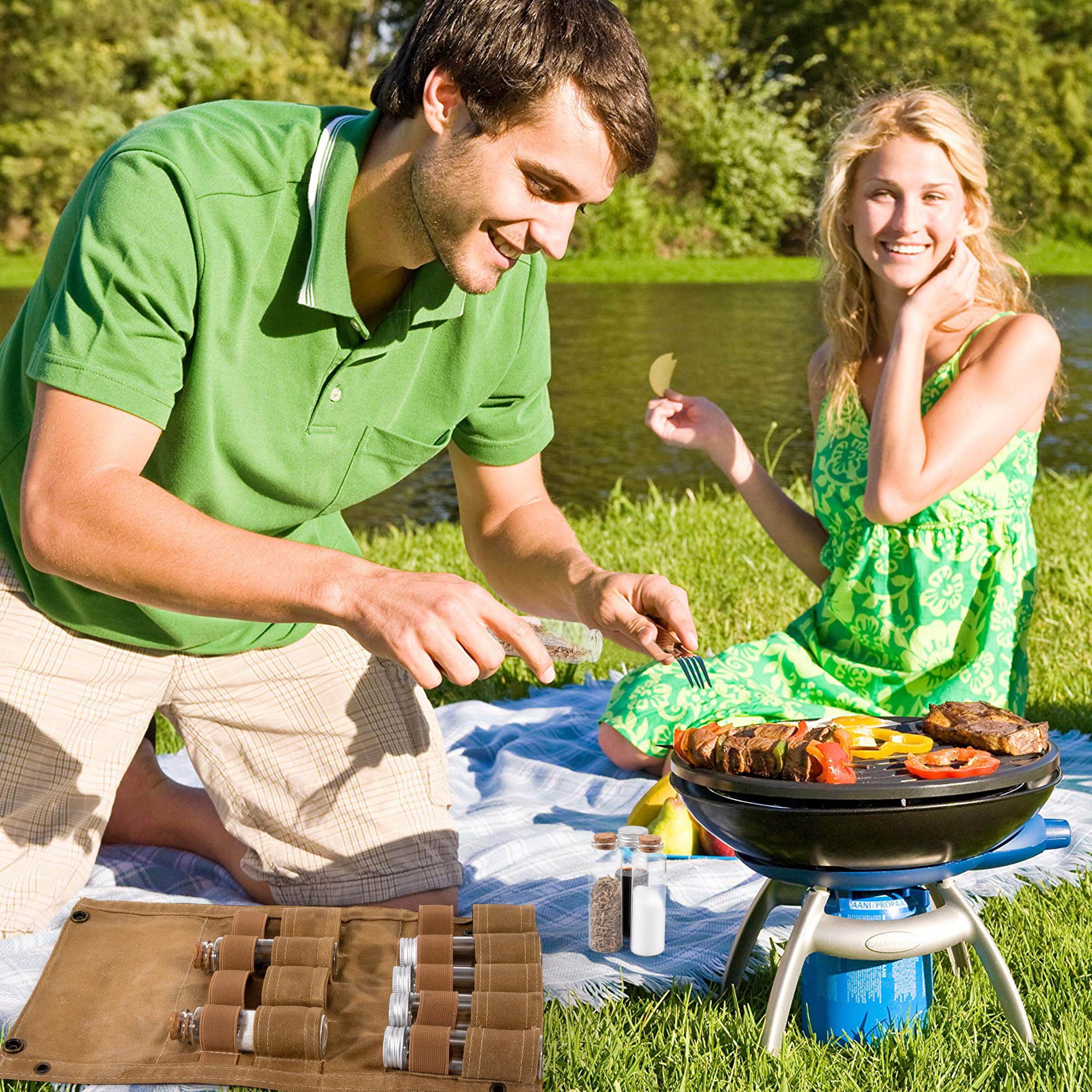 Camping-Gewürz-Set mit 9 Gewürzgläsern Tragbare Gewürztasche aus Segeltuch Gewürz Aufbewahrungstasche Gewürzbehälter-Set für Outdoor Picknick Grillen Khaki