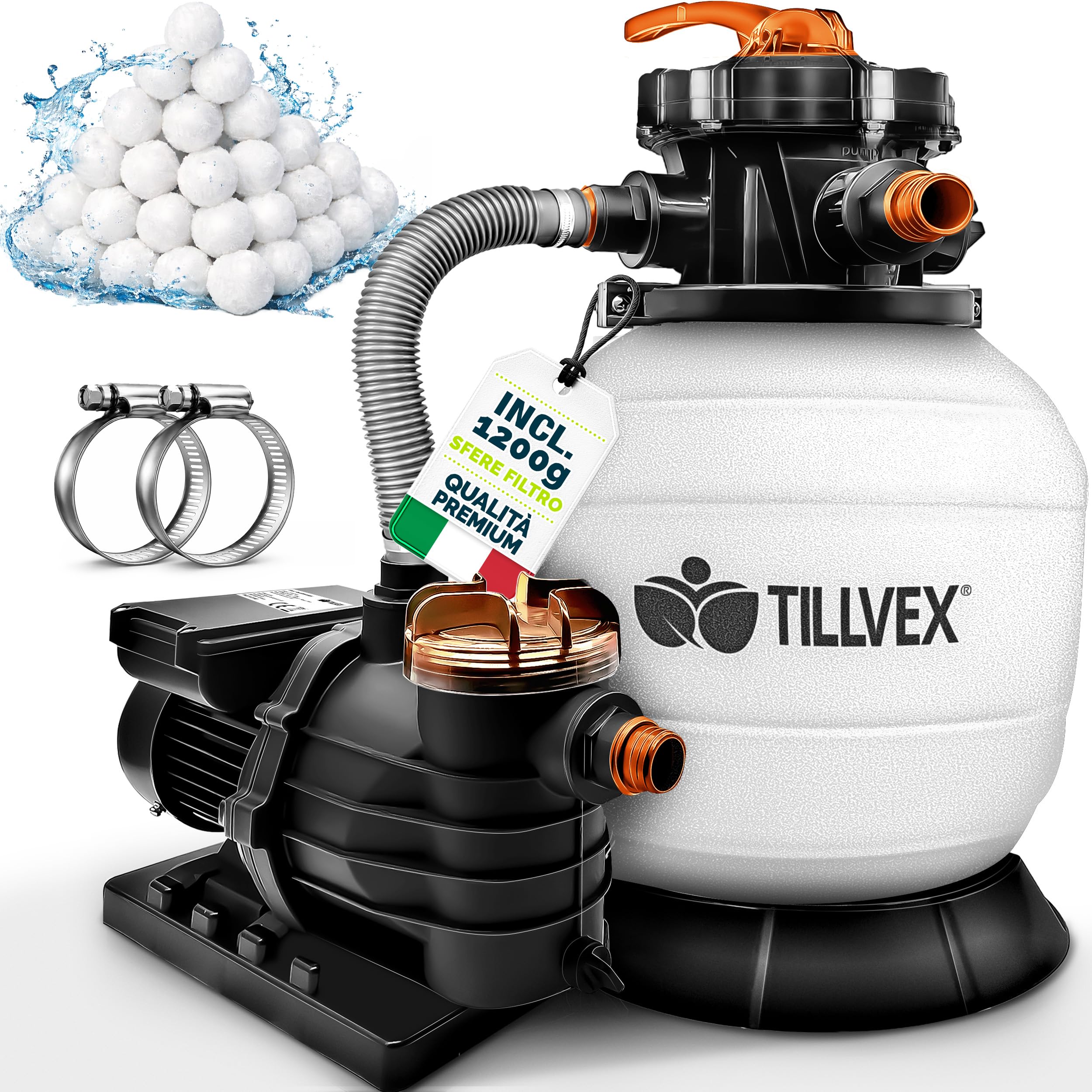 tillvex Pompa Filtro Piscina Portata 13.200L/h fino 40.000L | 7 funzioni filtrazione | Adattatore 2in1 Ø32-38mm + indicatore pressione | Filtro sabbia piscine (Bianco/Arancione)