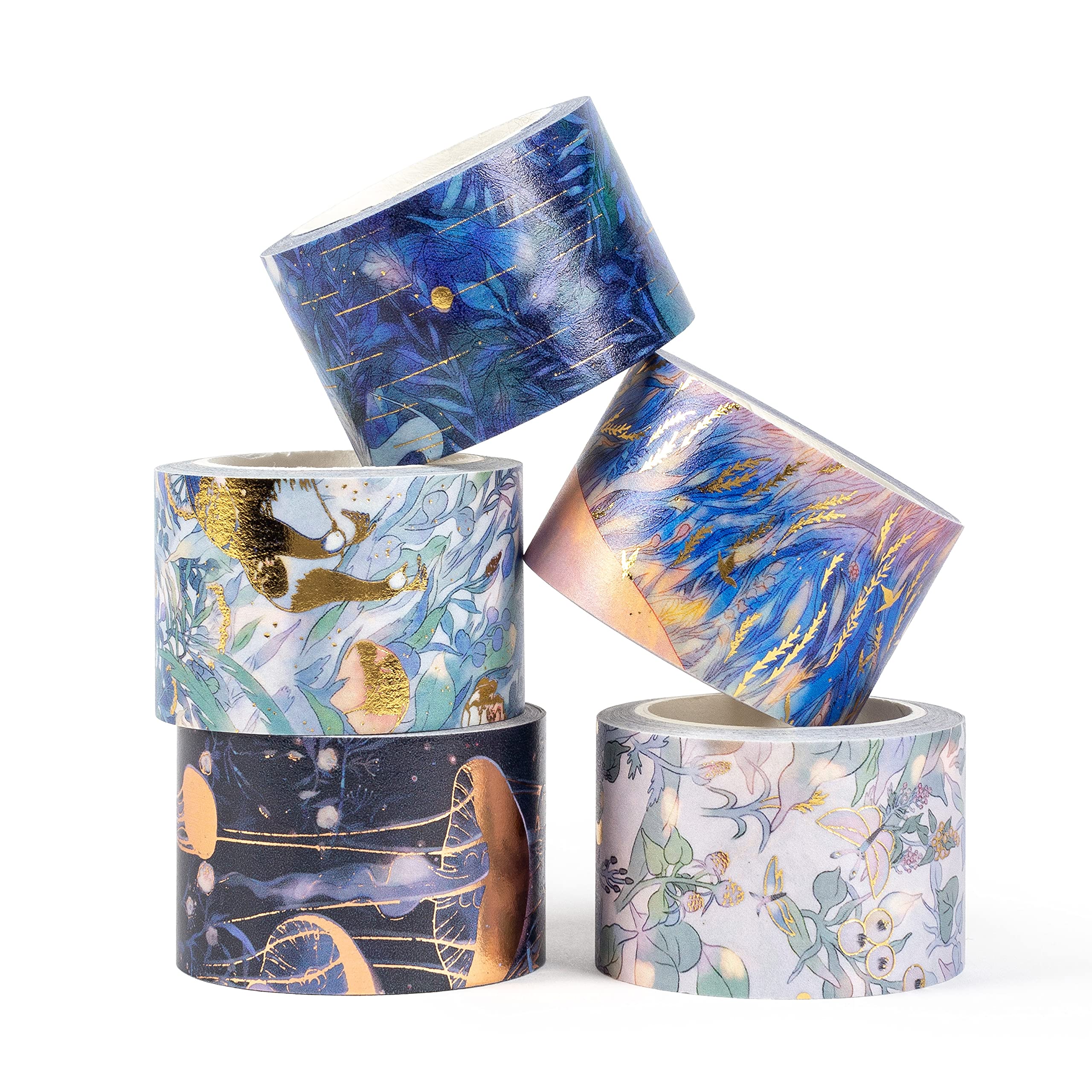 WT Summer Solstice Washi Tape Set, 5 Rolls, Original Designs, Gold Foiling, 30mm Wide Decorative Masking Tape, Bujo Supplies, Digital Printing Craft Tape, Wrapping Tape, DIY Paper Tape