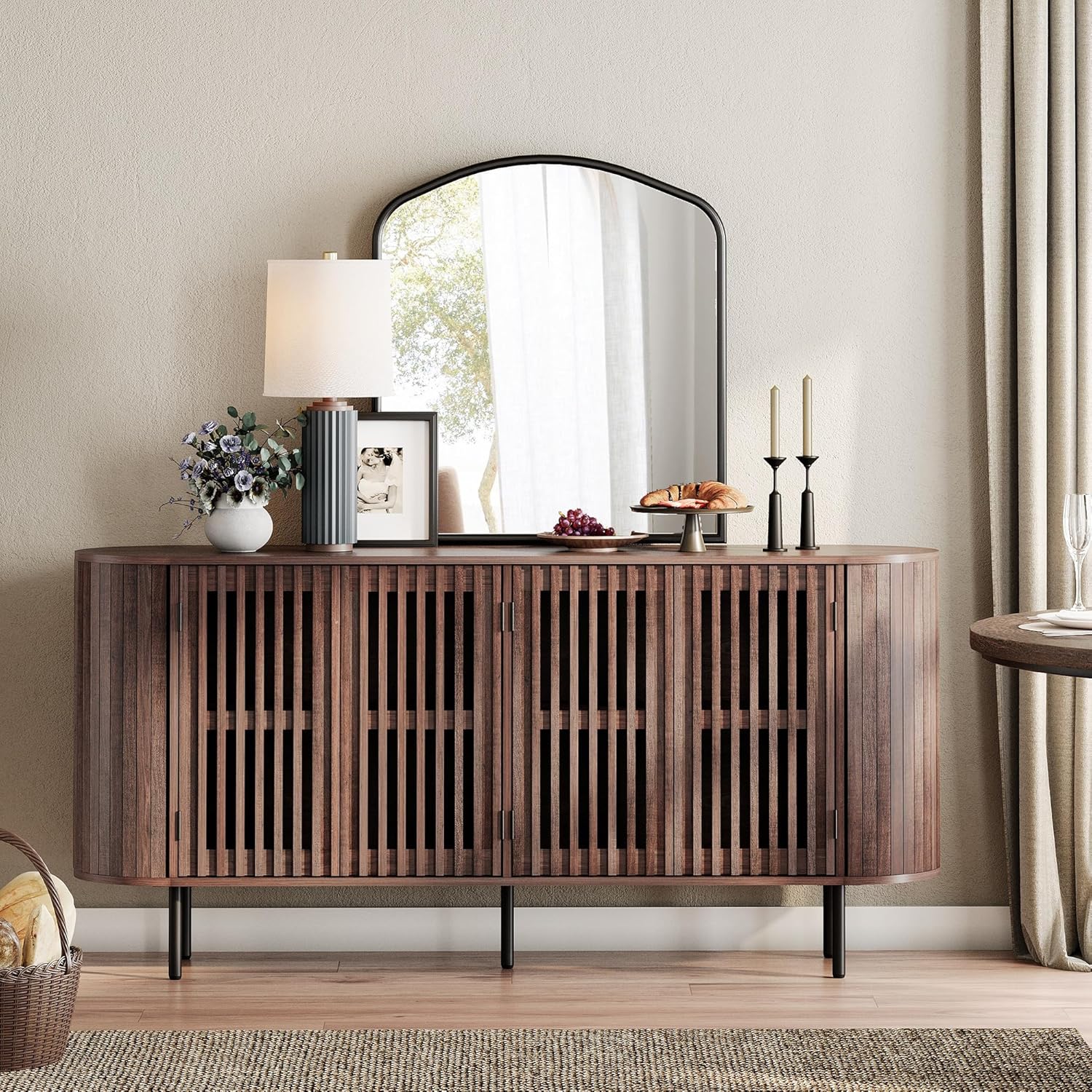 WAMPAT 66" Fluted Sideboard Buffet Cabinet, Wood Storage Cabinet with 4 Doors, Mid Century Modern Credenza for Dining Room, Living Room, Kitchen, Walnut