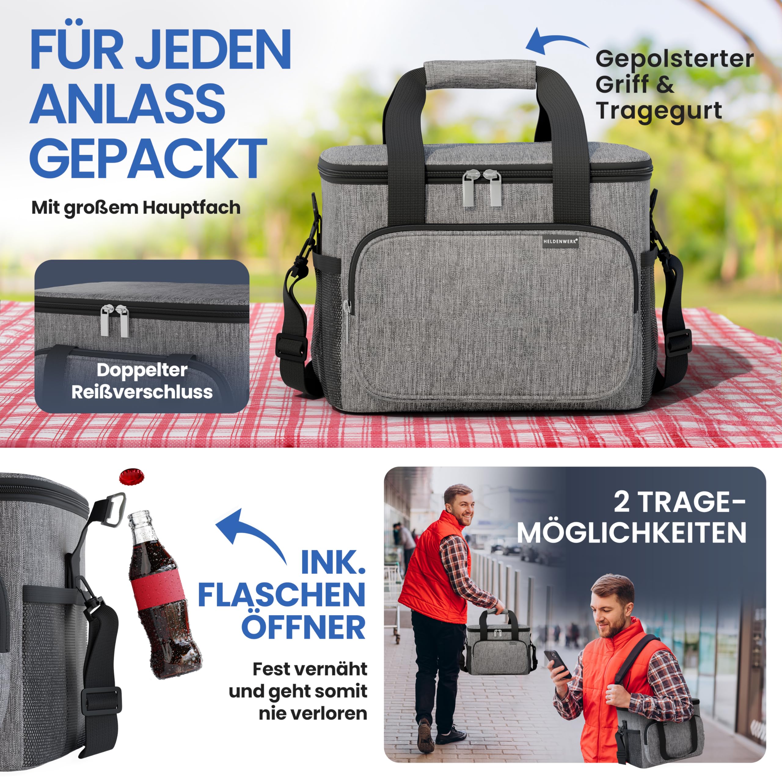 HELDENWERK® Kühltasche groß faltbar – 12h Kühlleistung – Thermotasche auslaufsicher & wasserdicht – Kühlbox, Picknicktasche, Lunchtasche, Isoliertasche mit 6 Fächern & verstärktem Boden