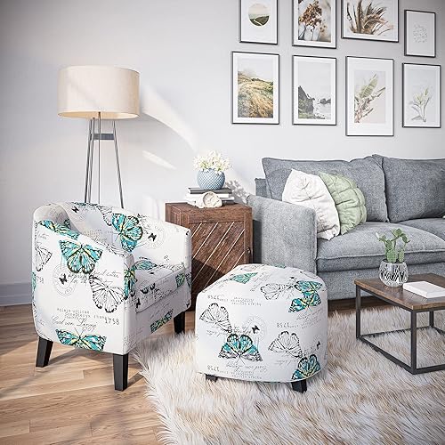 Miniatura 6 de Silla Belleze Accent Club con brazos redondos modernos y elegantes, con otomana, con espalda curvada, impresión francesa, de lino y piel sintética,