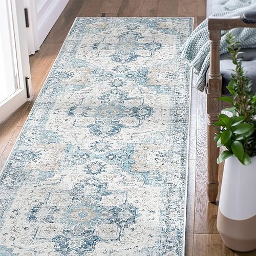 jinchan - Alfombra persa para interiores, con estampado, color azul, envejecida, delgada, de felpilla, ligera, que contrasta con la decoración,