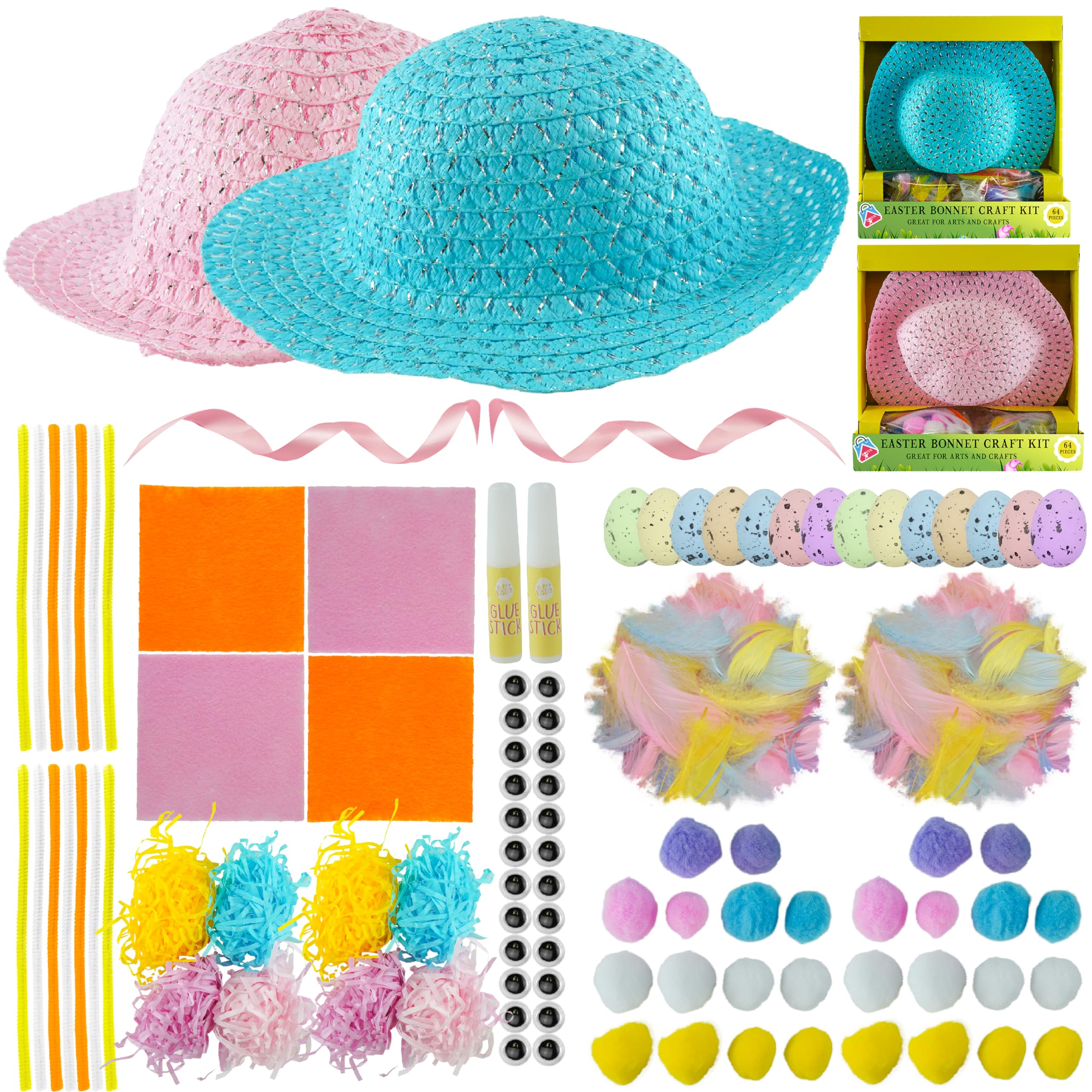Hovuk Boys 2X Easter Craft Kits- Pink & Blue 128Pcs Easter Bonnet Diy Kit For Children | Blue/Pink Easter Hats For Cosplay Competition | Easter Hunting Stocking Stuffers For And Girls