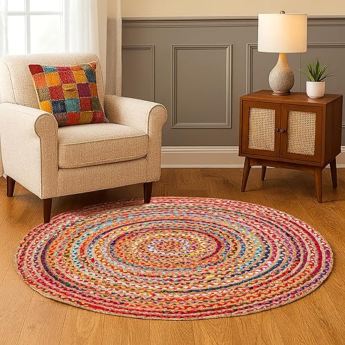 Hausattire Alfombra trenzada bohemia redonda de 4 pies, multicolor, alfombra circular de yute de algodón para cocina, dormitorio de niños, sala de